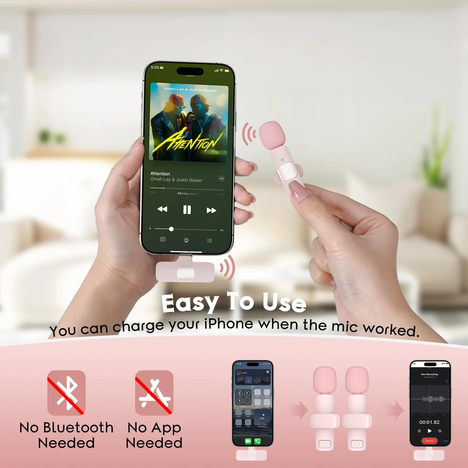 USB C Mini Wireless Lavalier Microphone for iPhone 15 16, iOS and Android Devices - Noise Reduction Lapel Mic for Recording, Clip Omni Lav Mic for Video Recording, Tiktok, Youtube, Vlog (Pink) White M2 USB C - Image 5