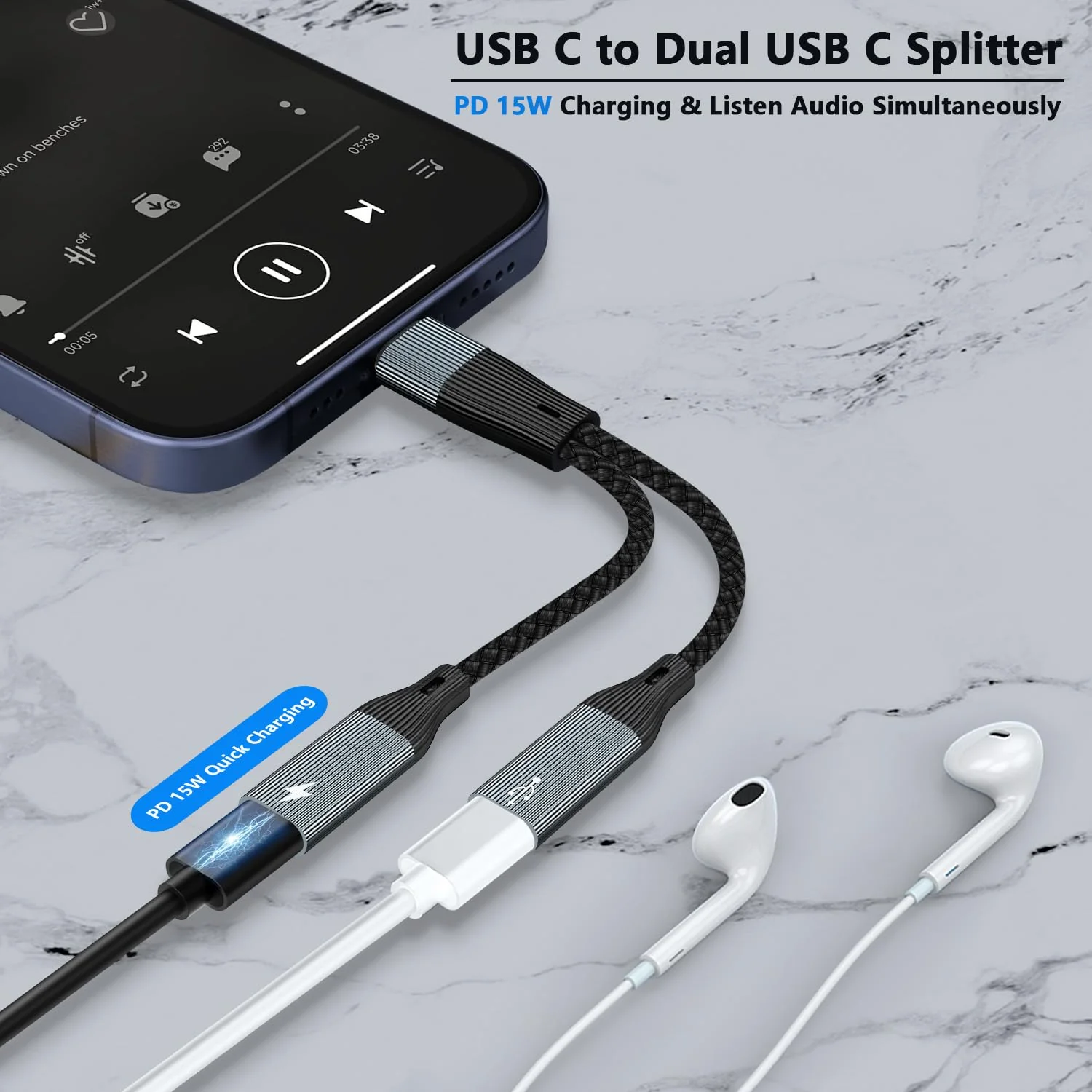 USB C Splitter, Dual USB C Headphone/USB C Data and Charger Adapter, 3 in 1 Type C Audi Dongle USB C Data Adapter with PD 15W Charging Compatible with iPhone 16/15, iPad Pro, Galaxy S24/23, Pixel 8 usb c to dual usb c - Image 2