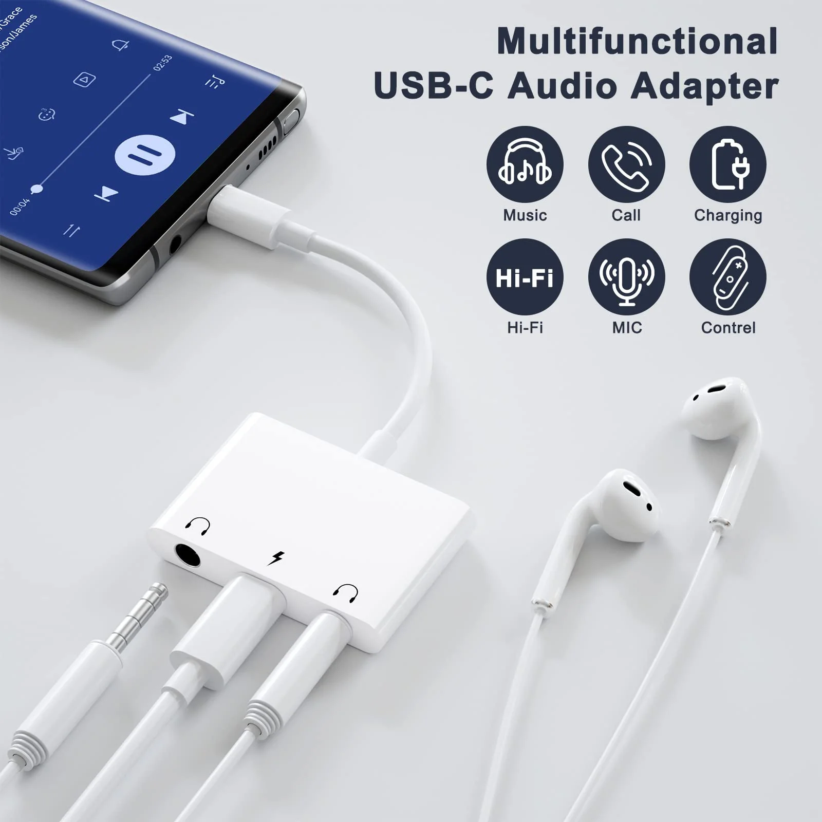 USB C to 3.5mm Audio Adapter, 3 in 1 Aux to USB C Headphone Splitter Dual 3.5mm Audio Jack and PD 60W Fast Charging, Compatible for iPad Pro,Galaxy S22 S21/Note 20,Pixel 4 3 XL,Huawei,etc White - Image 2