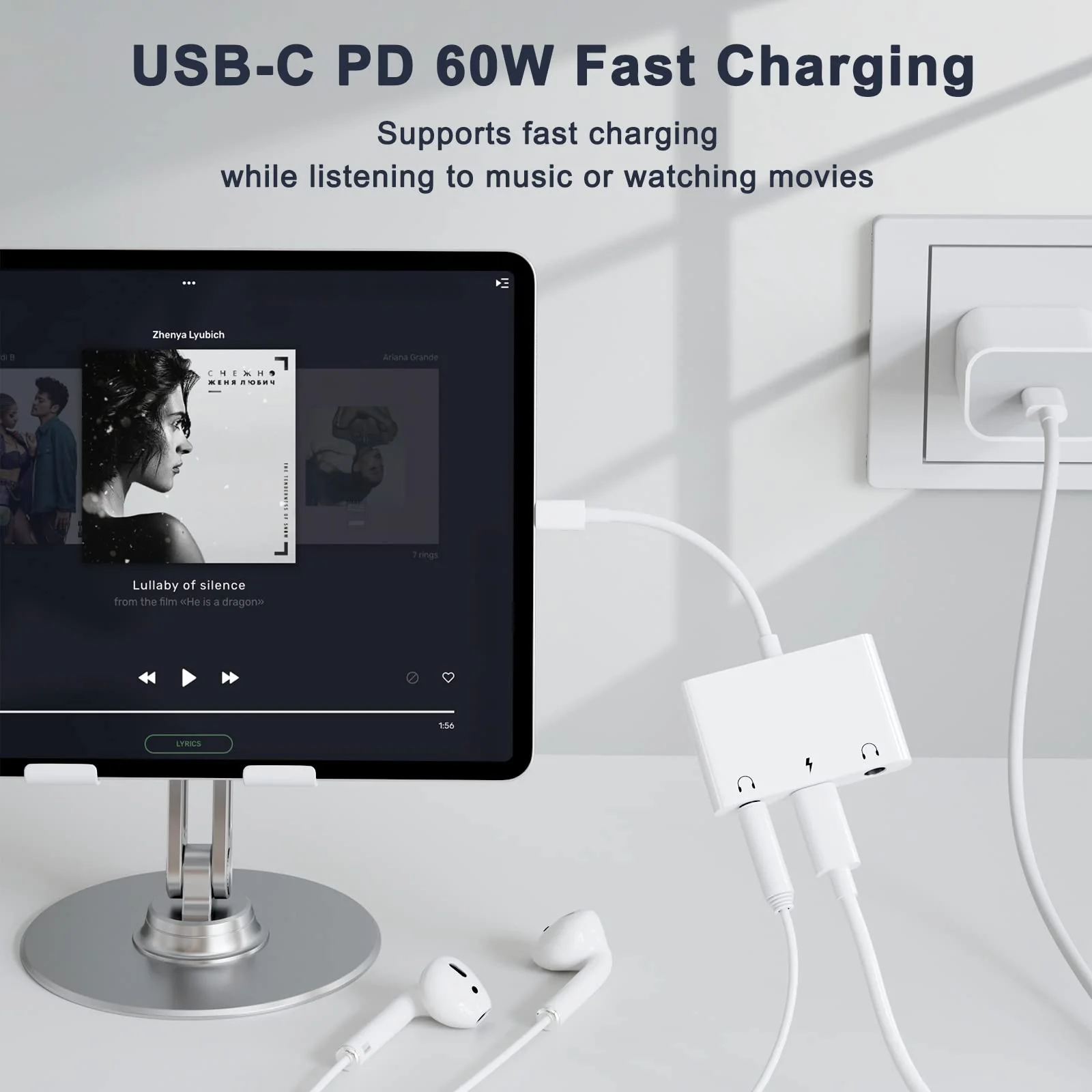 USB C to 3.5mm Audio Adapter, 3 in 1 Aux to USB C Headphone Splitter Dual 3.5mm Audio Jack and PD 60W Fast Charging, Compatible for iPad Pro,Galaxy S22 S21/Note 20,Pixel 4 3 XL,Huawei,etc White - Image 3