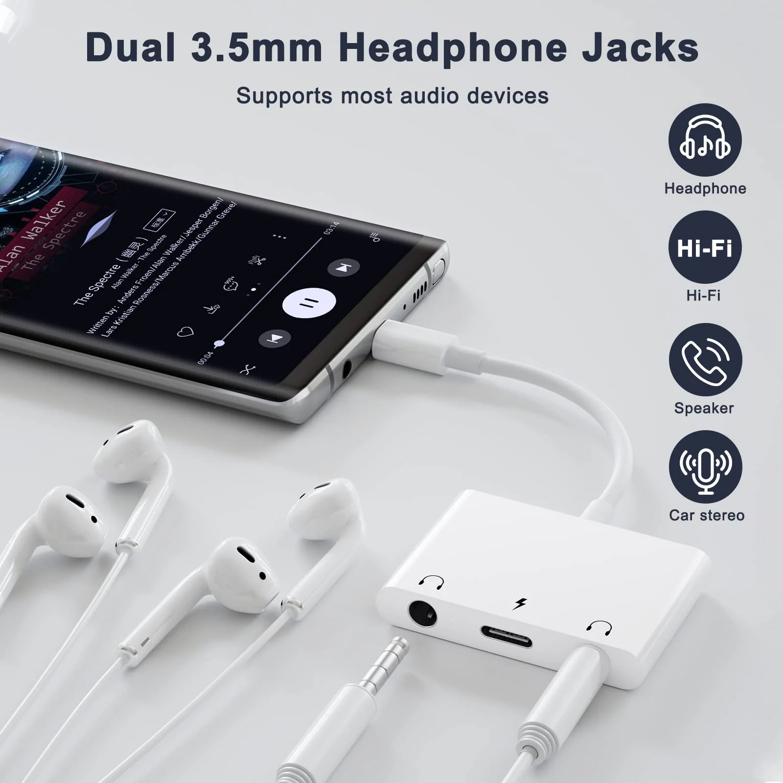 USB C to 3.5mm Audio Adapter, 3 in 1 Aux to USB C Headphone Splitter Dual 3.5mm Audio Jack and PD 60W Fast Charging, Compatible for iPad Pro,Galaxy S22 S21/Note 20,Pixel 4 3 XL,Huawei,etc White - Image 5