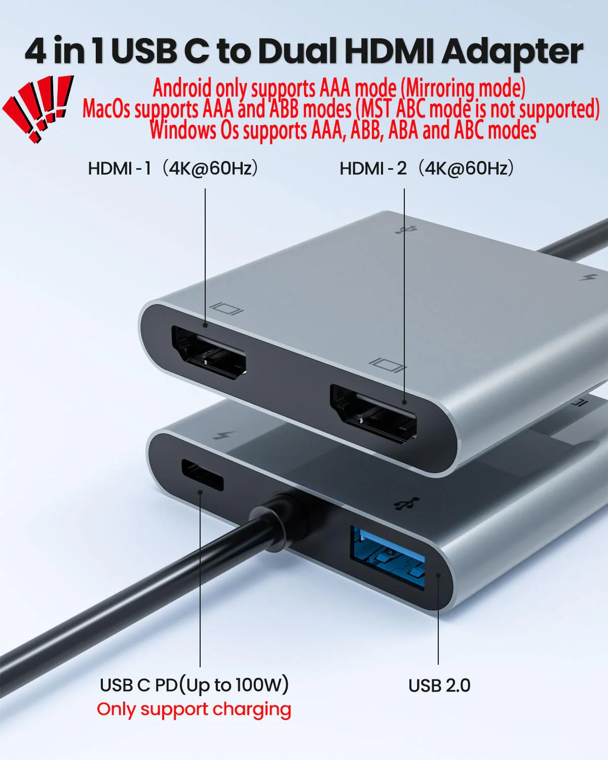 USB C to Dual HDMI Adapter, USB C Hub with 2 HDMI, Dual 4K@60Hz with 100W PD, USB-A, Laptop Dual Monitor Support USB C to HDMI Splitter Extended Display for USB C Device(MST is not Supported on MacOS) 4 in1 USB C HUB - Image 2