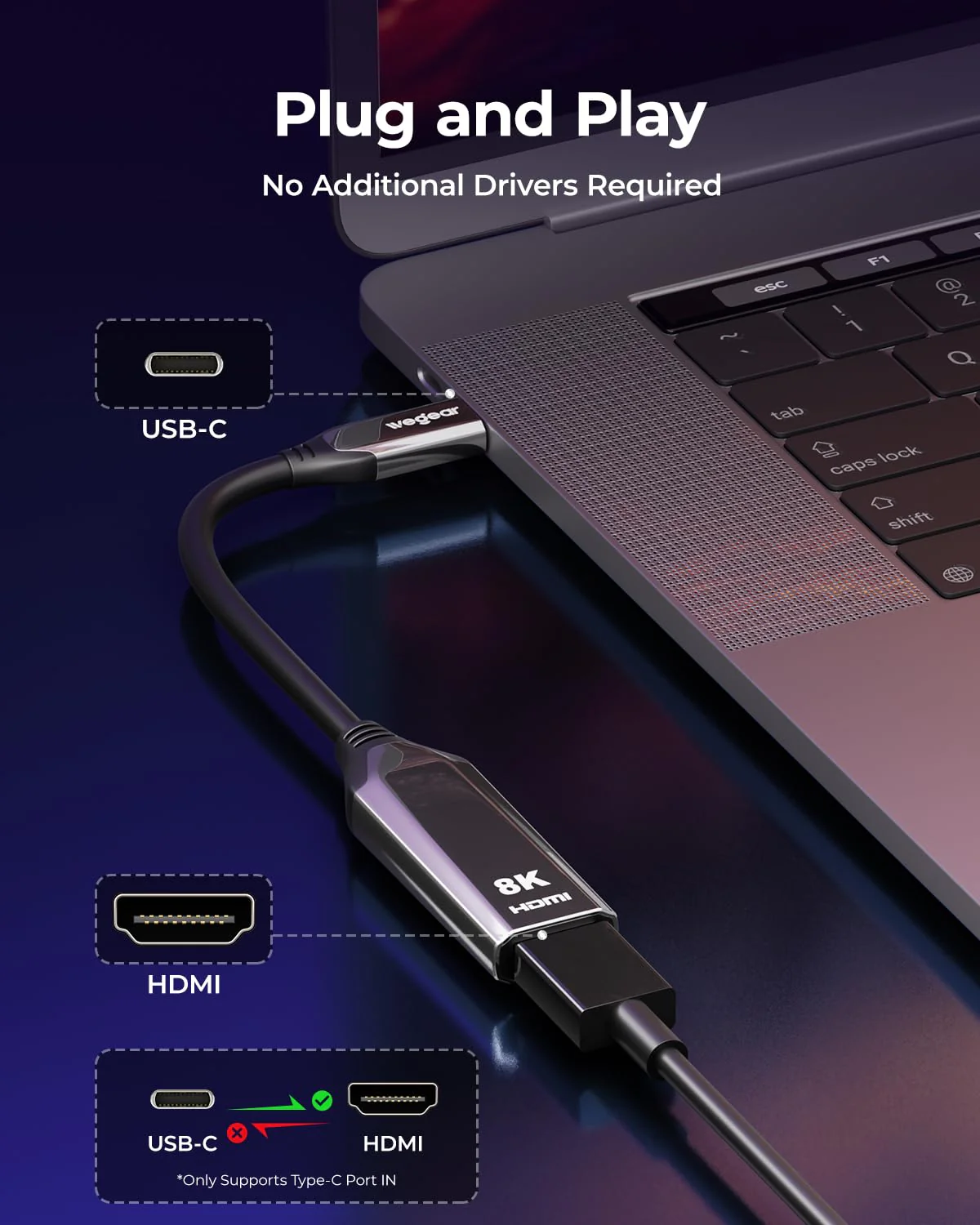 USB C to HDMI Adapter 8K@60Hz, Type C to HDMI Converter 4K@144Hz [Thunderbolt 3/4 Compatible] - Supports 48Gbps, HDR10, Dolby Vision, Adapter HDMI for iPhone 16/15, S23, Laptops, Tablets - Image 4