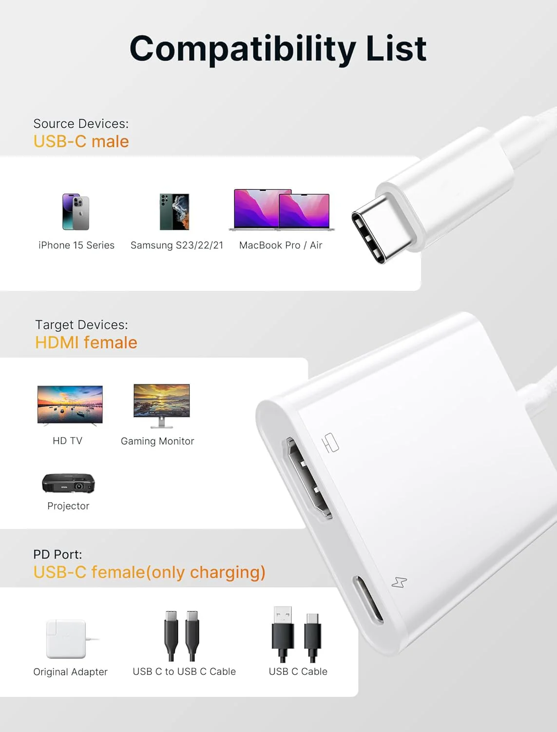 USB C to HDMI Digital AV Adapter for iPhone 15,1080P Video & Audio Sync Screen Converter AV Adapter with Charging Port for iPhone 15Pro/Max,MacBook Pro/Air 2023,iPad Pro,iMac,S23,XPS 17,Surface Book 3 White - Image 7