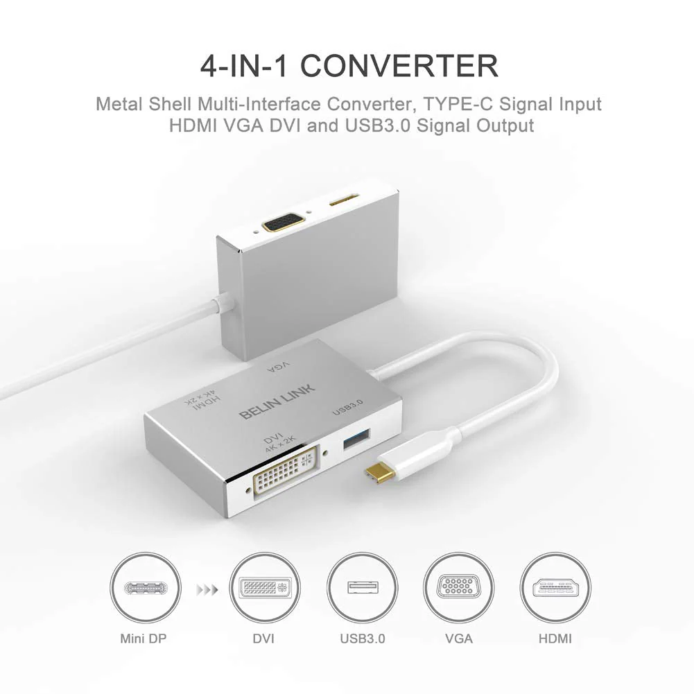 USB C to HDMI DVI VGA USB3.0 Adapter,USB 3.1 Type-C 4in1 Hub to HDMI DVI 4K VGA USB Adaptor Converter (Thunderbolt 3 Compatible), USB-C Adapter for MacBook/MacBook Pro air/Surface pro - Image 2
