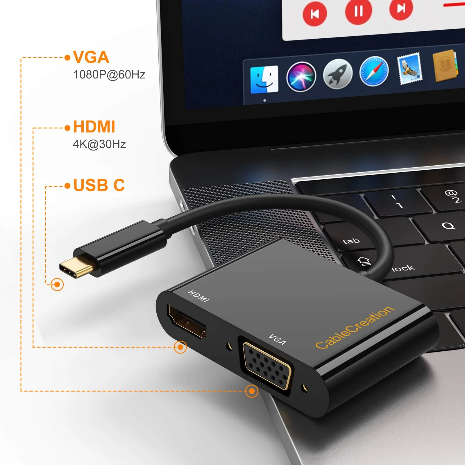 USB C to HDMI VGA Adapter, CableCreation USB Type C to Dual VGA HDMI Splitter Converter, Compatible with MacBook Pro 2020, iPad Pro 2020, Dell XPS 13/15, Yoga 910, Surface Go, Chromebook, Galaxy S20 Black-1PACK 1 PACK - Image 3