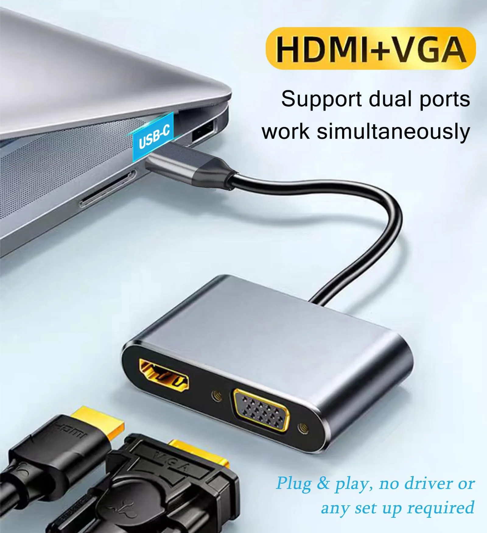 USB C to HDMI+VGA Adapter for Dual Monitor, USB C to VGA USB-C Thunderbolt 3/4 to HDMI Adapter 2 in 1, 4K UHD Display Video Converter Compatible with MacBook, XPS, ASUS, iPhone 16/15, More - Image 2
