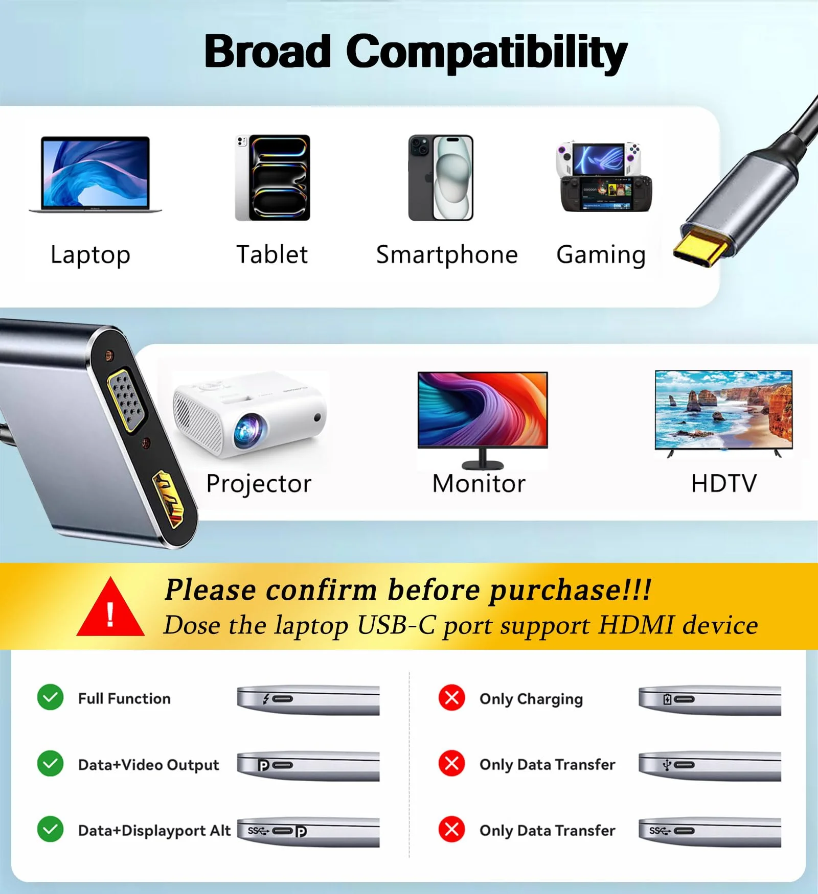 USB C to HDMI+VGA Adapter for Dual Monitor, USB C to VGA USB-C Thunderbolt 3/4 to HDMI Adapter 2 in 1, 4K UHD Display Video Converter Compatible with MacBook, XPS, ASUS, iPhone 16/15, More - Image 3