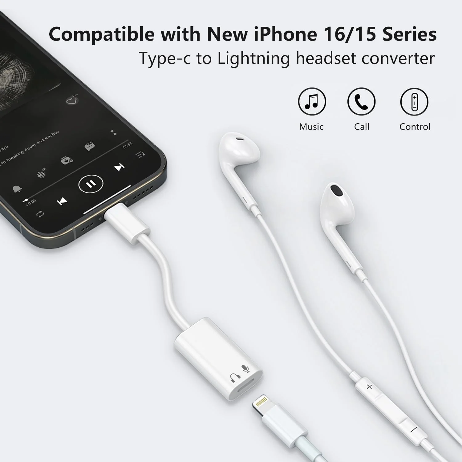 USB C to Lightning Audio Adapter, USB Type C Male to Lightning Female Earphone Converter Compatible with iPhone 16/16Pro/15/15Pro, iPad Pro, iPad Air 6/5/4, MacBook and More (Audio Only, No Charge) White - Image 2