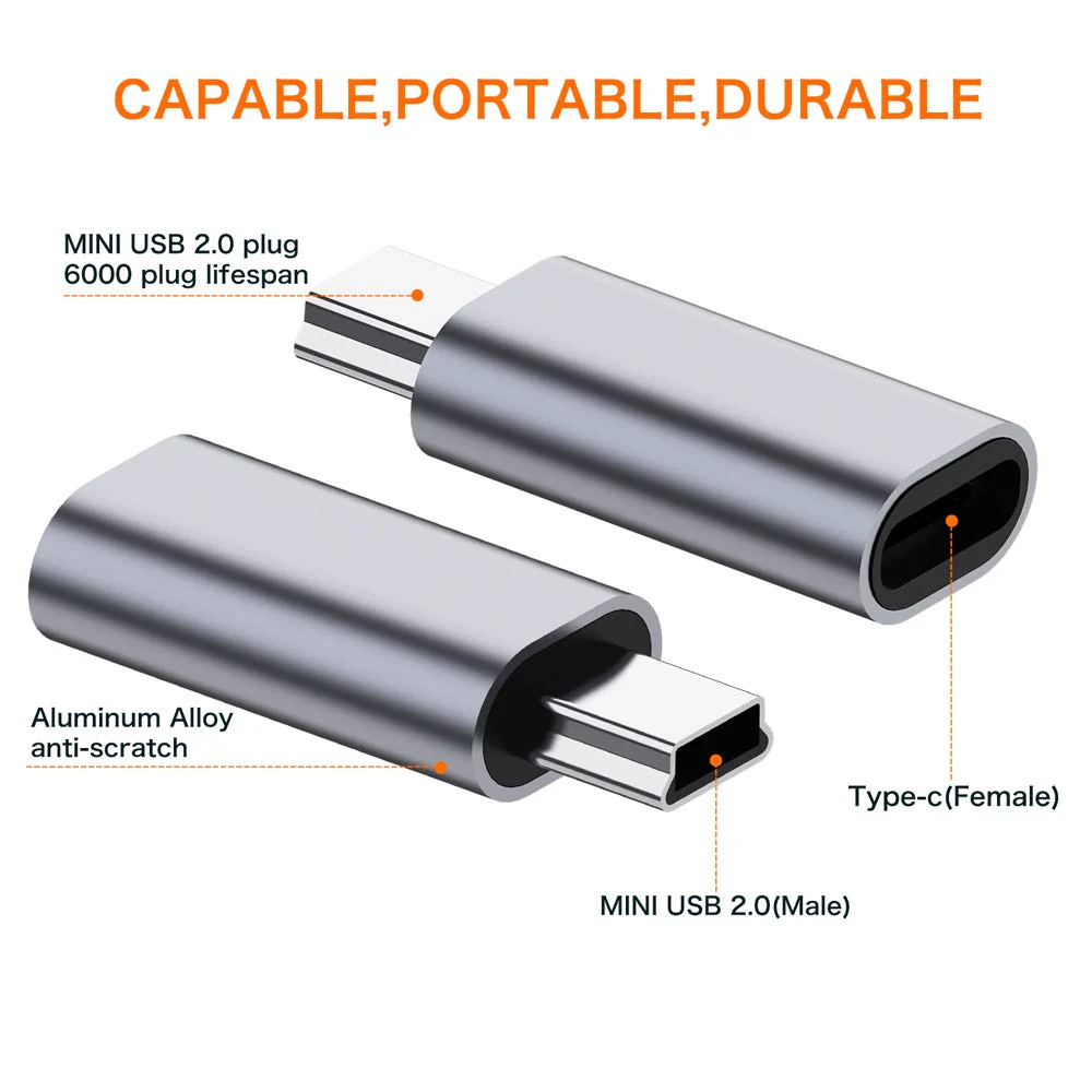 USB C to Mini USB 2.0 Adapter, (2-Pack)Type C Female to Mini USB 2.0 Male Convert Connector Support Charge & Data Sync Compatible GoPro Hero 3+, MP3 Players, Dash Cam, Digital Camera, GPS Receiver etc - Image 2
