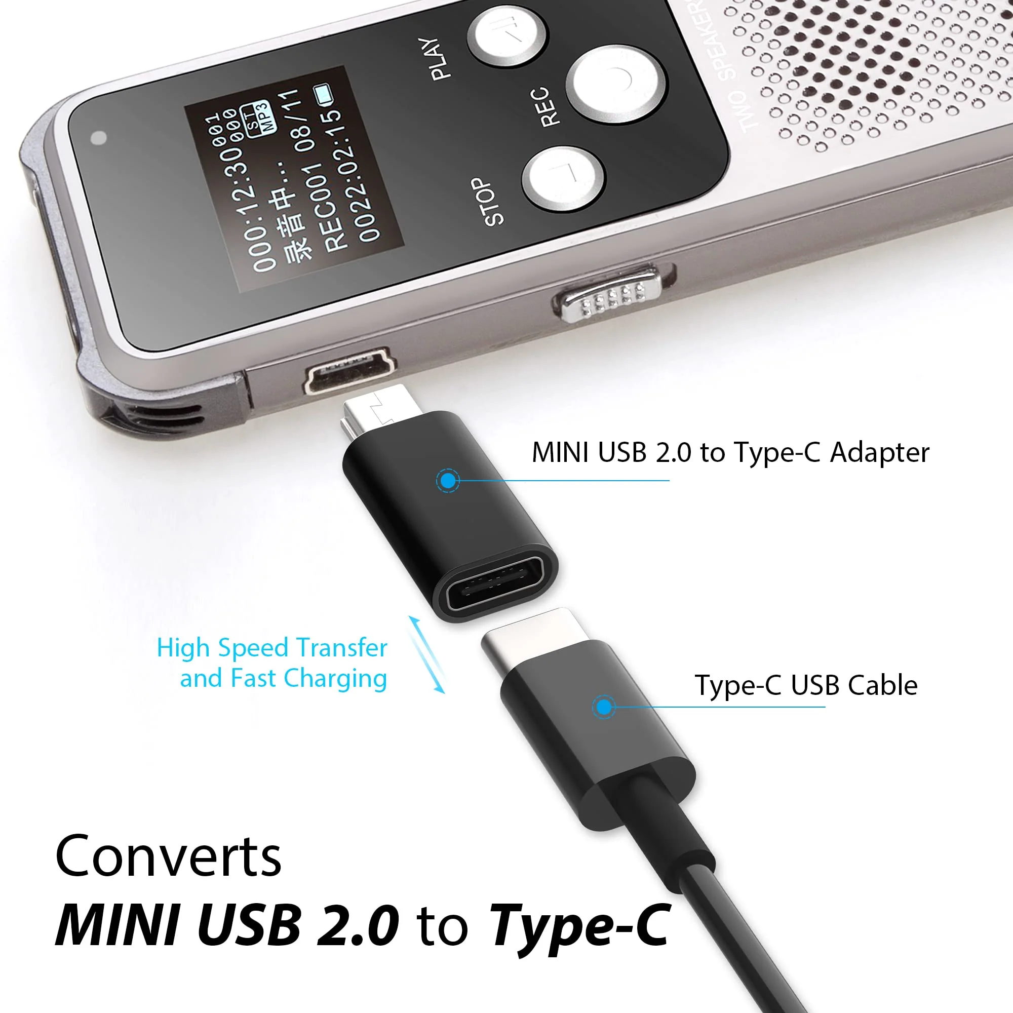 USB C to Mini USB Adapter, Type C Female to Mini USB 2.0 Male Convert Connector Support Charge & Data Sync Compatible GoPro Hero 3+, MP3 Players, Dash Cam, Digital Camera, Receiver etc(2-Pack) Black - Image 5