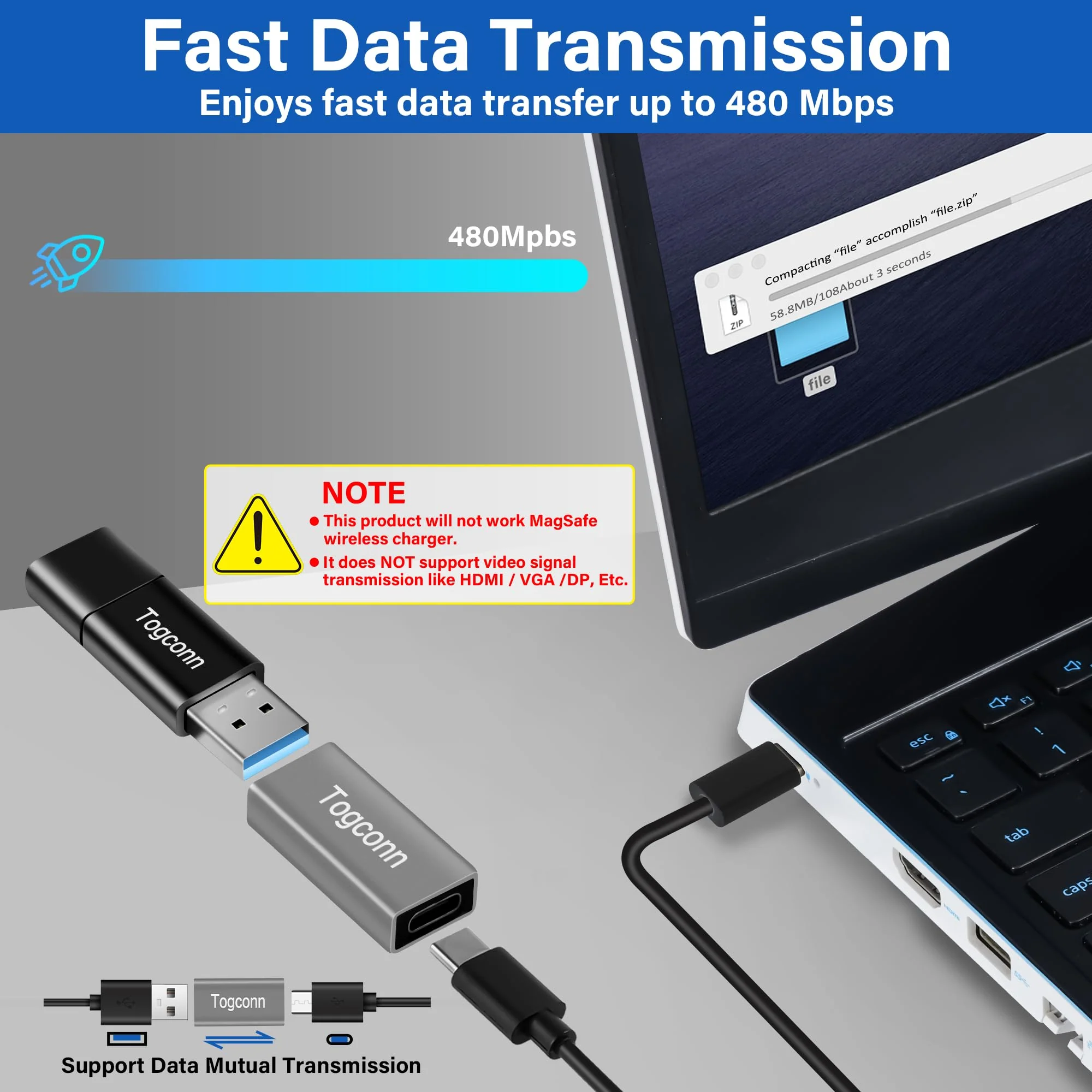 USB C to USB 3.0 Adapter (2 Pack),USB Type-C (Female) to USB A (Female) Coupler Convert,Bi-Directional High Speed USB Extension Connector Support Charge & Data Sync 2 Pack USB A Female to USB C Female - Image 4