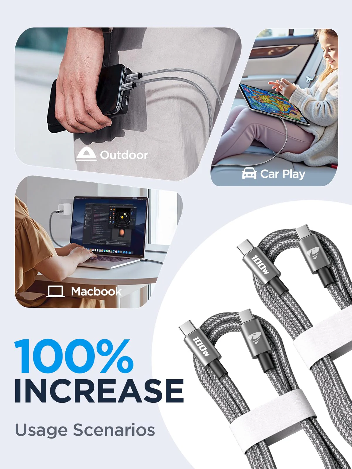 USB C to USB C Cable [2 Pieces 2 M + 2 M] 100 W USB C Cable PD Fast Charging Cable Nylon USB Type C Charging Cable for iPhone 16 Pro Max, iPhone 15, Samsung S24 S23 S22 S21, iPad Pro, MacBook Pro/Air, 2M+2M gray - Image 8
