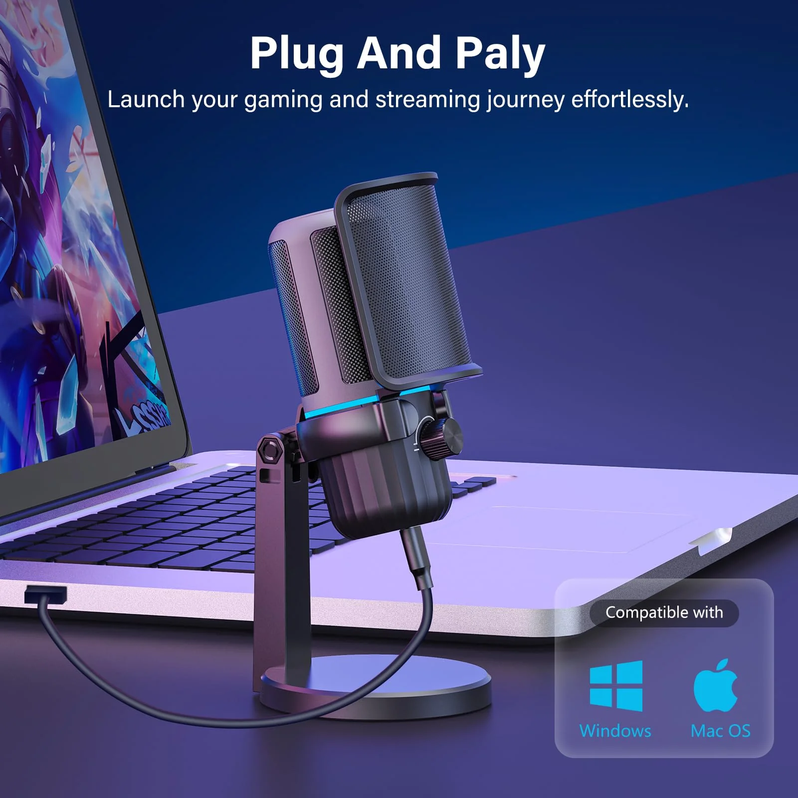 USB Condenser Gaming Microphone, PC Microphone for Streaming, Podcasts, Recording, Desktop Computer Mic with Mute Button & LED Indicator, Volume Control, Headphone Jack - Image 2