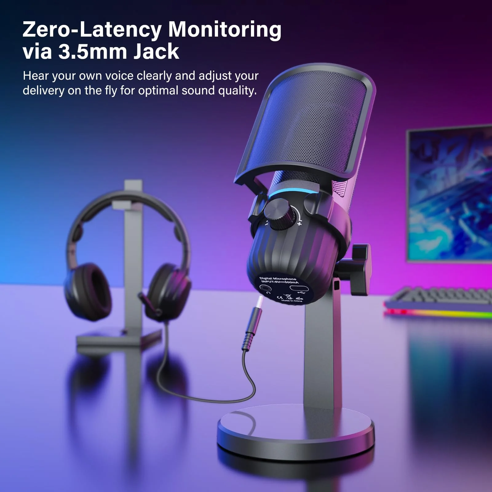USB Condenser Gaming Microphone, PC Microphone for Streaming, Podcasts, Recording, Desktop Computer Mic with Mute Button & LED Indicator, Volume Control, Headphone Jack - Image 5