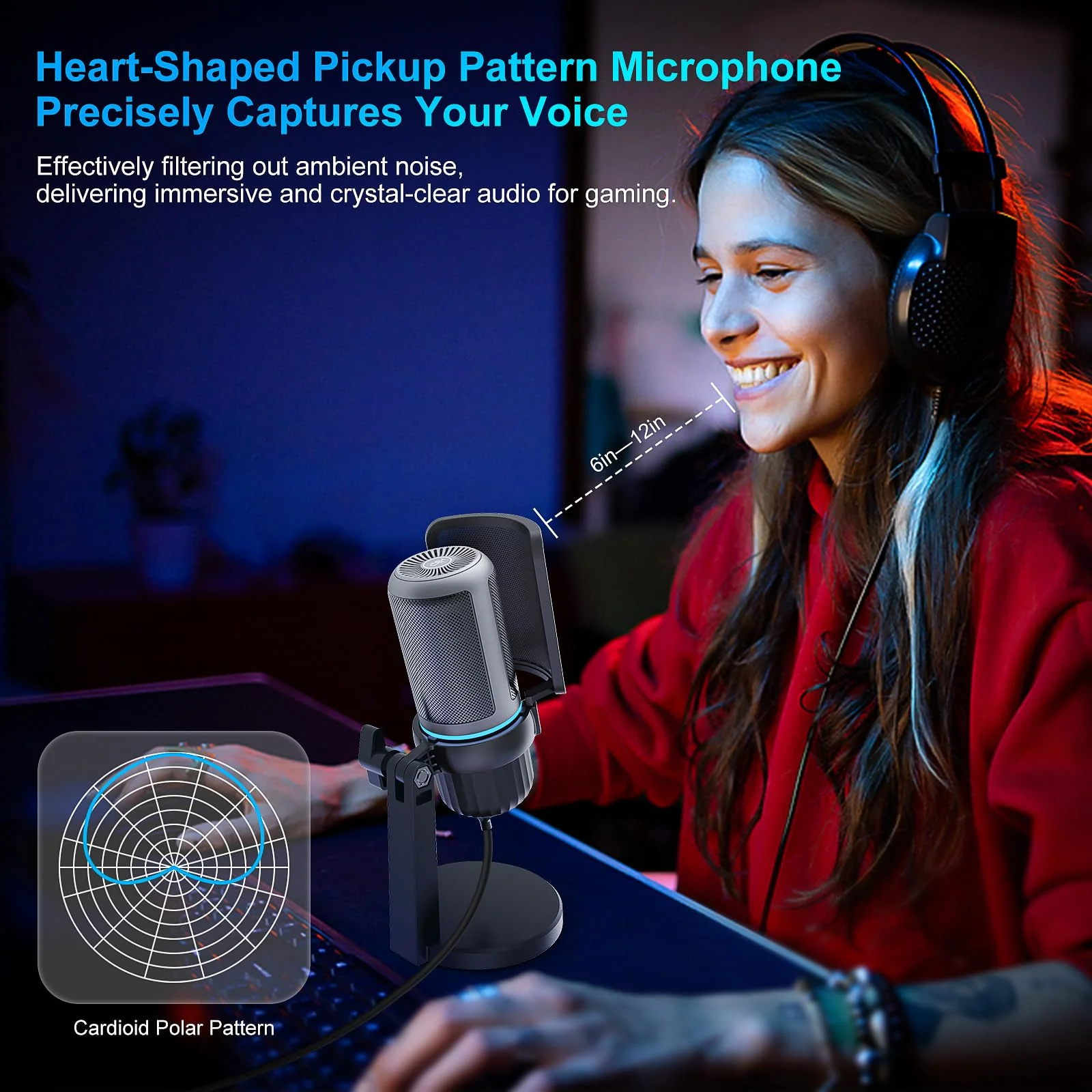 USB Condenser Gaming Microphone, PC Microphone for Streaming, Podcasts, Recording, Desktop Computer Mic with Mute Button & LED Indicator, Volume Control, Headphone Jack - Image 7