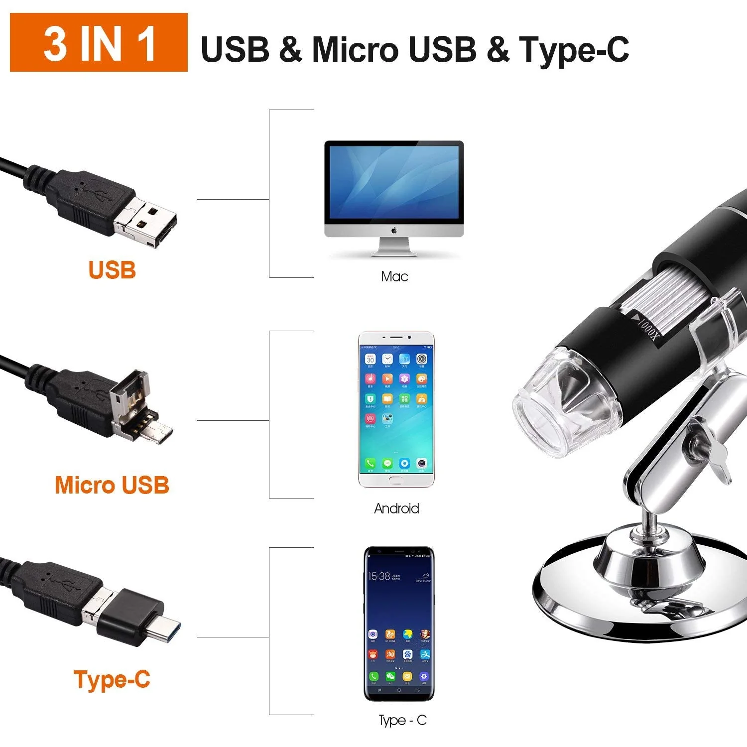 USB Digital Microscope 40X to 1000X, 8 LED Magnification Endoscope Camera with Carrying Case & Metal Stand, Compatible for Android Windows 7 8 10 11 Linux Mac (Not for iPhone/iPad) - Image 2