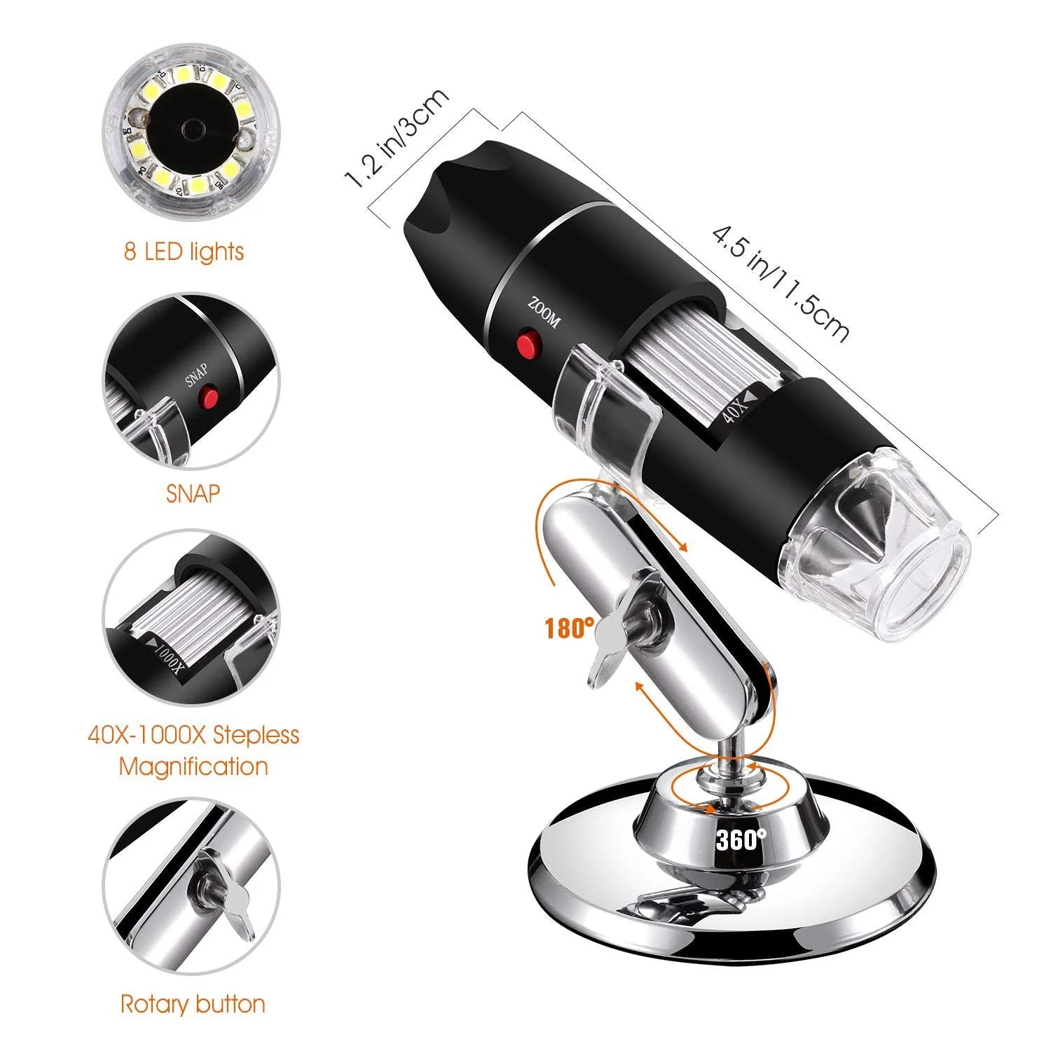 USB Digital Microscope 40X to 1000X, 8 LED Magnification Endoscope Camera with Carrying Case & Metal Stand, Compatible for Android Windows 7 8 10 11 Linux Mac (Not for iPhone/iPad) - Image 4