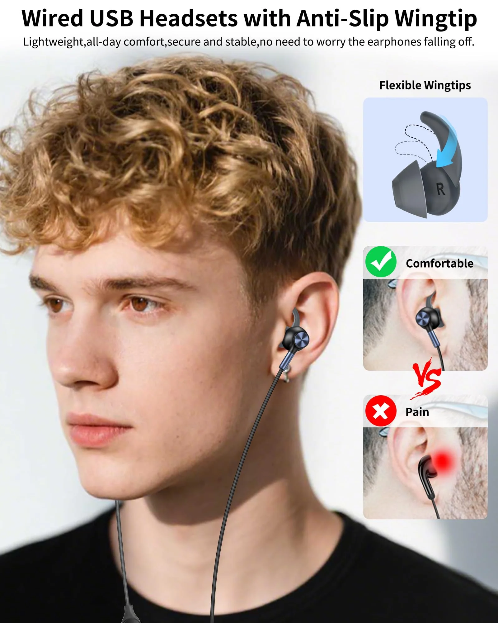 USB Earbuds with Microphone for PC Laptop,Wired USB A Headphones with Mic& Earfins Hook for Computer Office Work,7.5ft Noise Canceling Stereo Computer Headset for Dell/HP/Chromebook Game School,Black Black Blue - Image 3