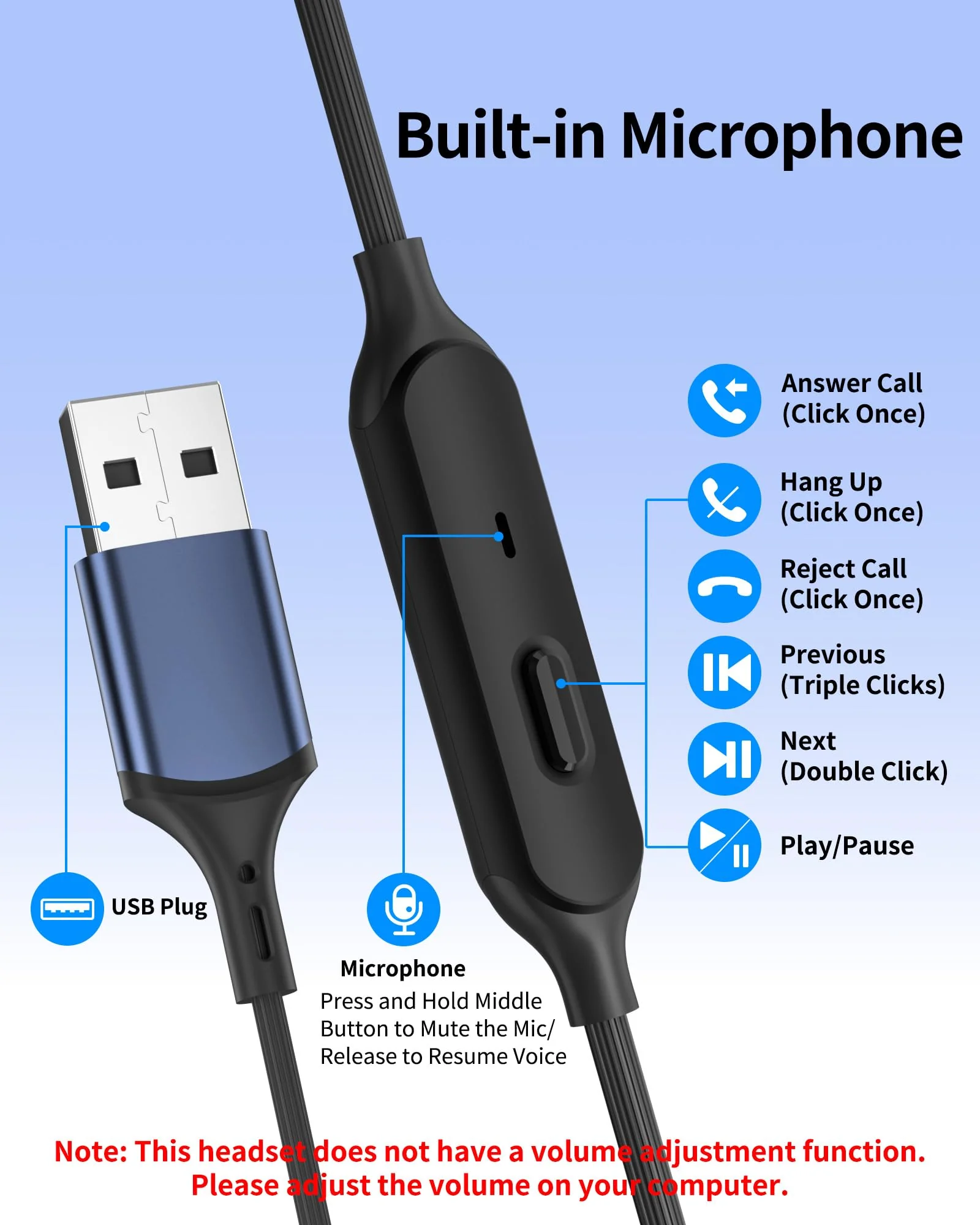 USB Earbuds with Microphone for PC Laptop,Wired USB A Headphones with Mic& Earfins Hook for Computer Office Work,7.5ft Noise Canceling Stereo Computer Headset for Dell/HP/Chromebook Game School,Black Black Blue - Image 6