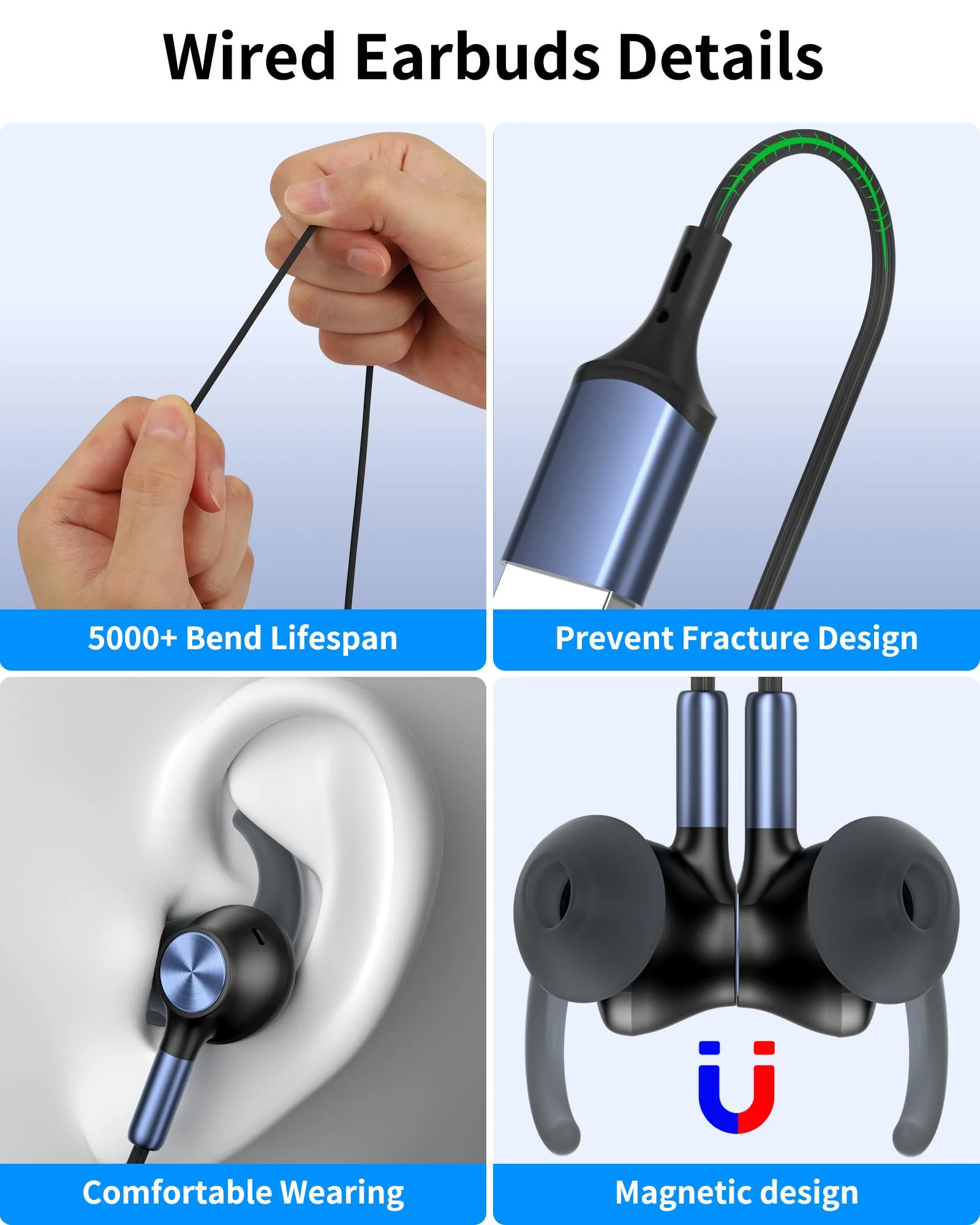 USB Earbuds with Microphone for PC Laptop,Wired USB A Headphones with Mic& Earfins Hook for Computer Office Work,7.5ft Noise Canceling Stereo Computer Headset for Dell/HP/Chromebook Game School,Black Black Blue - Image 7