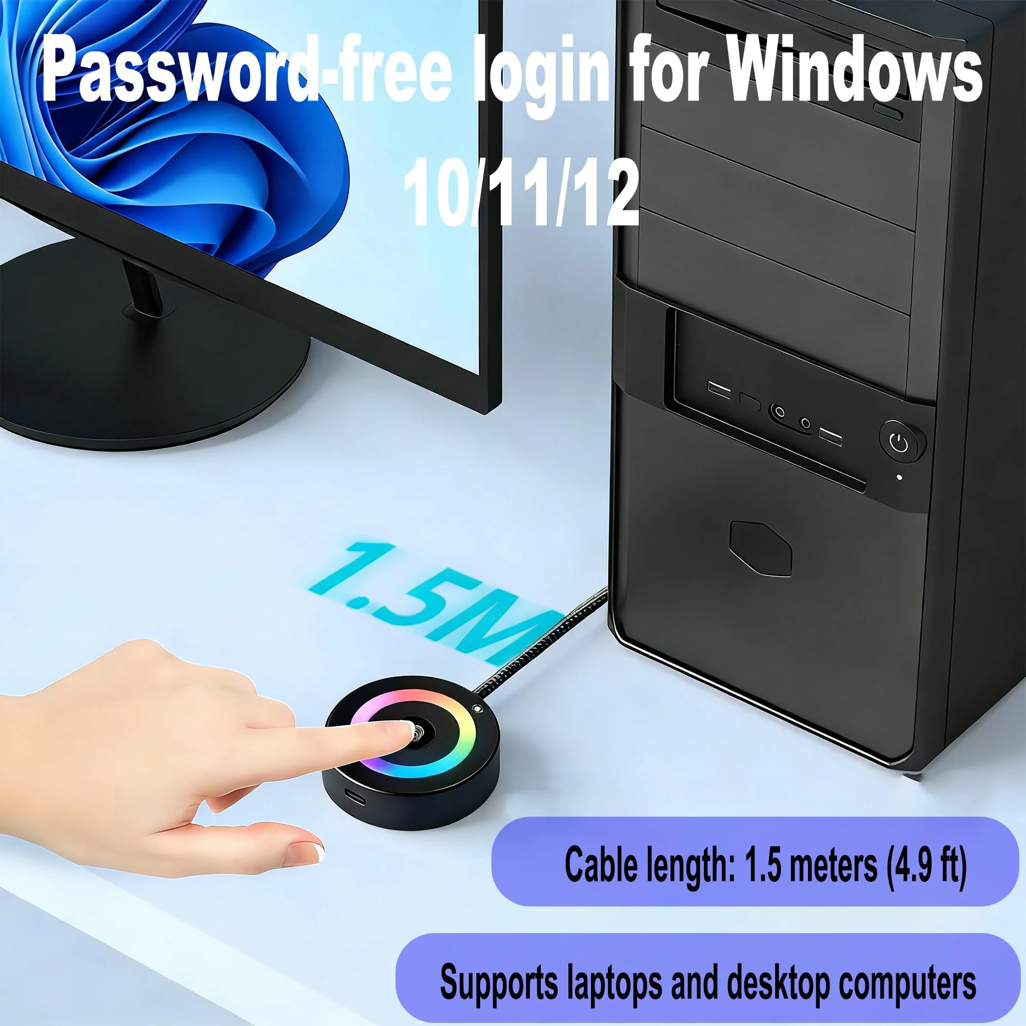 USB Fingerprint Reader for PC & Laptop, Windows Hello Biometric Scanner with 360° Touch, Fast Login <1s, Portable Security Key for Windows 10/11 - Image 7