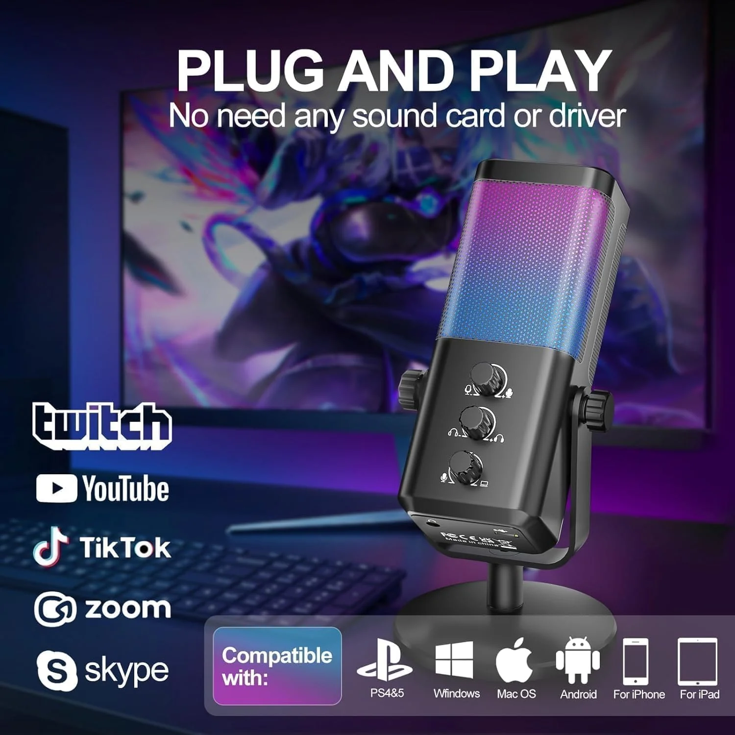 USB Gaming Microphone with Game Chat Balance, RGB Condenser Mic with Noise Cancellation, Quick Mute & Monitoring, for Streaming/Discord/Twitch/Podcast/Videos/ASMR, for PC/Computer/PS4/PS5/Mac - Image 2