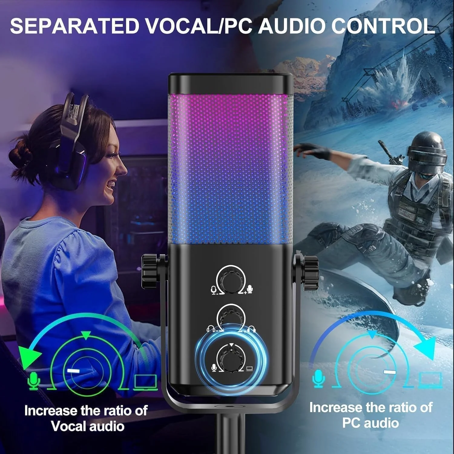 USB Gaming Microphone with Game Chat Balance, RGB Condenser Mic with Noise Cancellation, Quick Mute & Monitoring, for Streaming/Discord/Twitch/Podcast/Videos/ASMR, for PC/Computer/PS4/PS5/Mac - Image 3