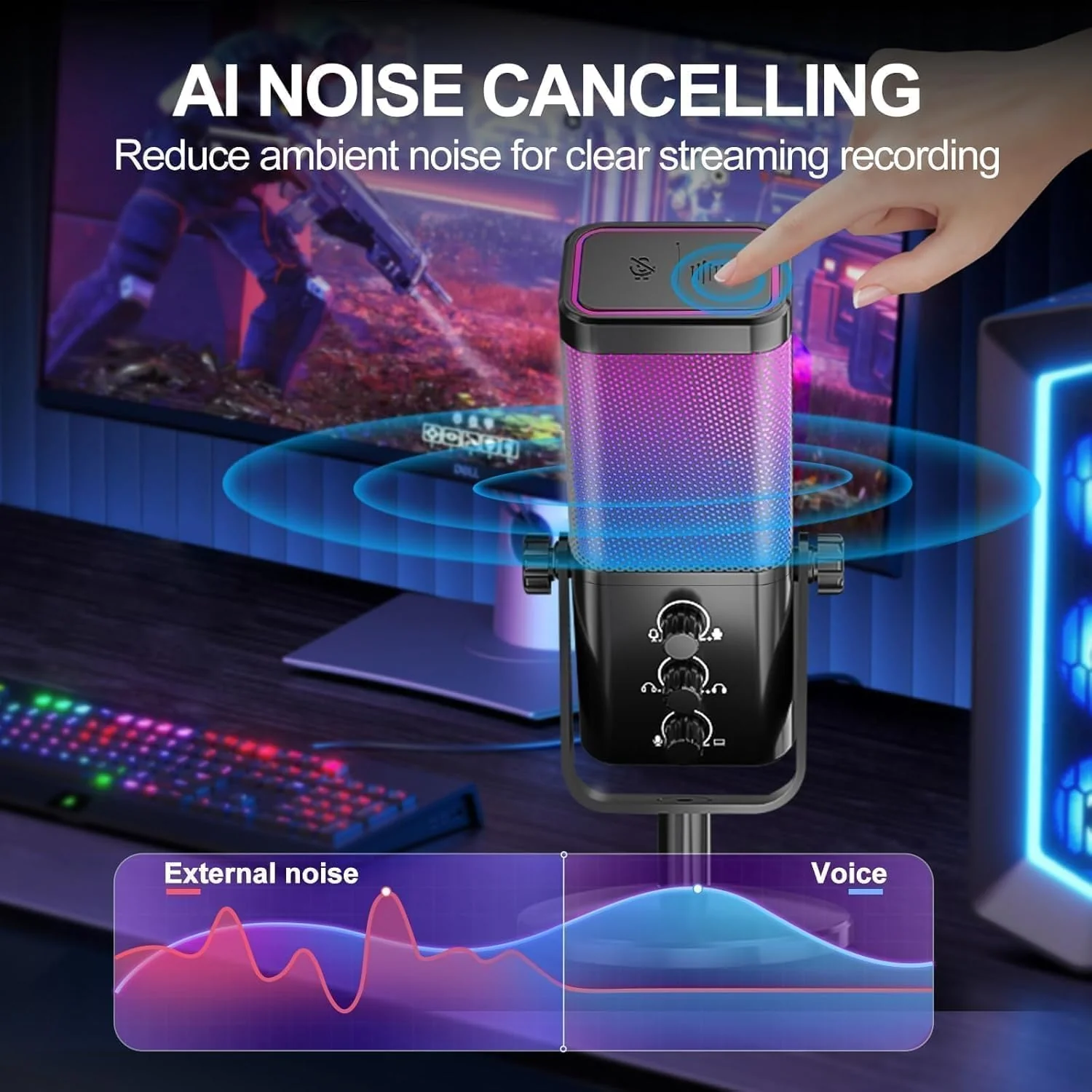 USB Gaming Microphone with Game Chat Balance, RGB Condenser Mic with Noise Cancellation, Quick Mute & Monitoring, for Streaming/Discord/Twitch/Podcast/Videos/ASMR, for PC/Computer/PS4/PS5/Mac - Image 4