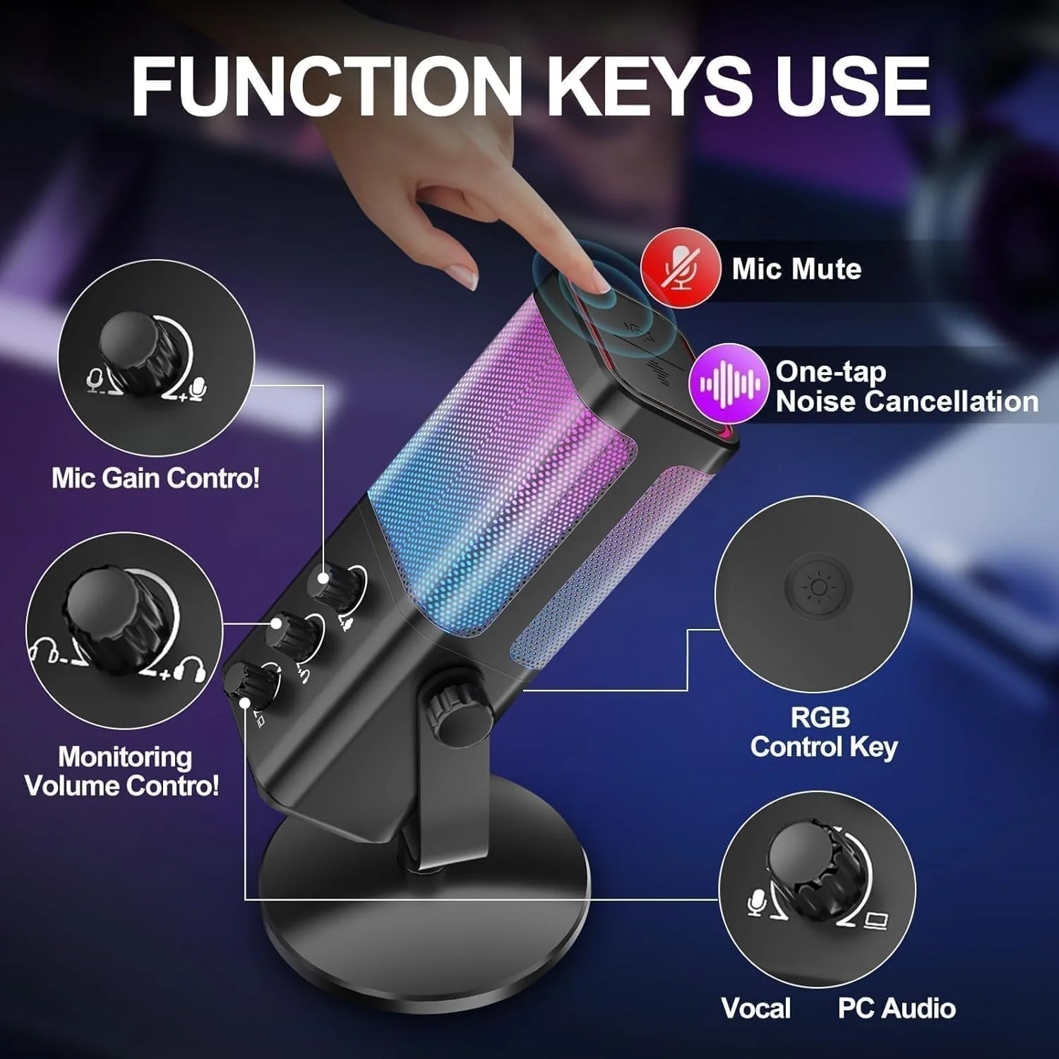 USB Gaming Microphone with Game Chat Balance, RGB Condenser Mic with Noise Cancellation, Quick Mute & Monitoring, for Streaming/Discord/Twitch/Podcast/Videos/ASMR, for PC/Computer/PS4/PS5/Mac - Image 6