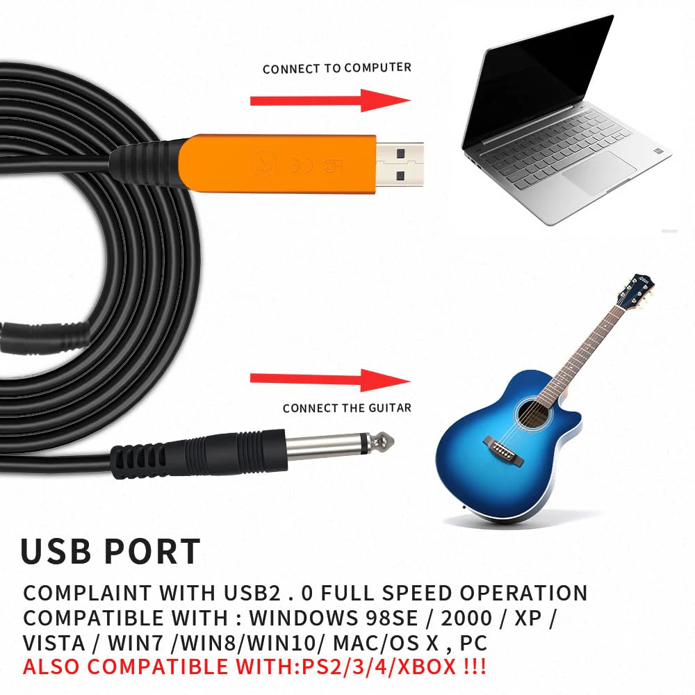 USB Guitar Cable for Instruments Recording 10FT USB-A to 6.35mm 1/4 TS Gold-Plated Cable Audio Adapter for Eletronic Guitar, Bass, Piano Recording Compatible with PC, Mac etc. - 10FT/3.1M - Image 2