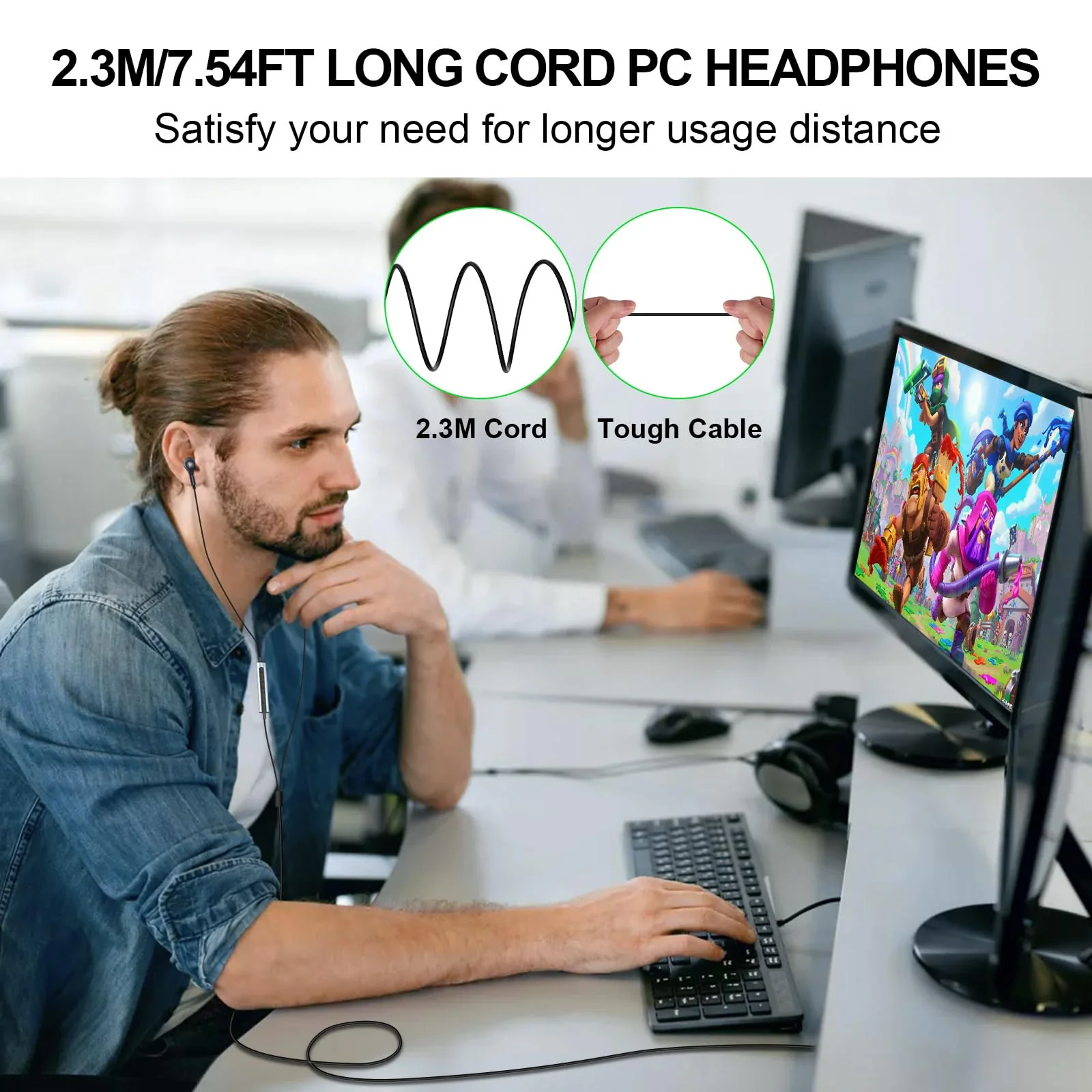 USB Headset with Microphone for PC 7.5 Ft Cable, USB A Headphones for Computer, Wired USB Earbuds with Mute in-Line Stereo Noise Canceling Call Cord Earphones for Laptop Dell Lenovo Surface PS5 Switch Black - Image 3