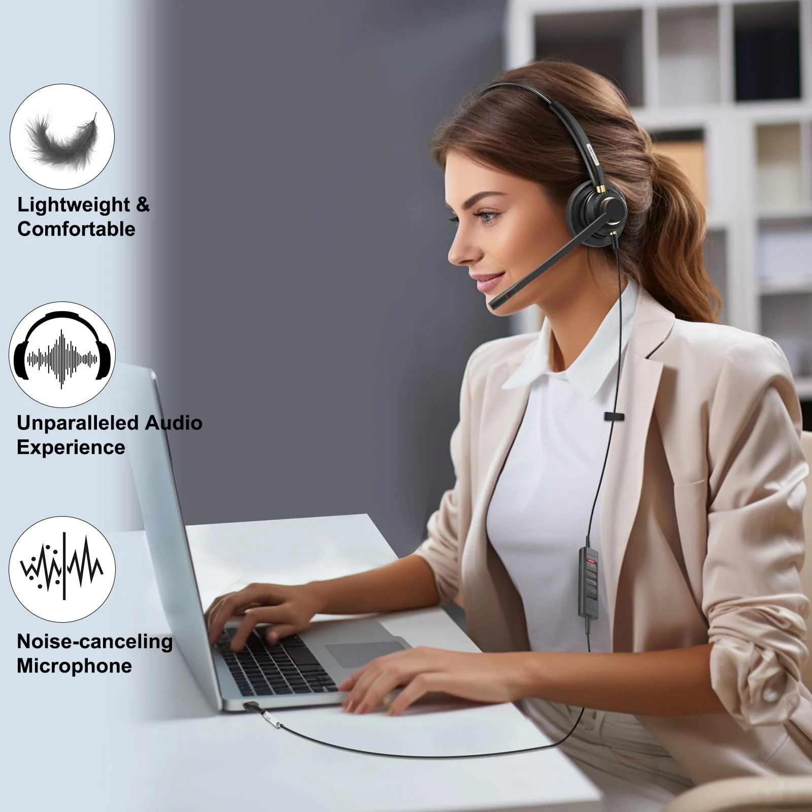 USB Headset with Microphone for PC, Computer Headset, Noise Cancelling Adjustable Volume Control Lightweight Wired Headset with Mic for Work, for Laptop Business Skype UC Webinar Call Center Office A802USB-Dual - Image 7
