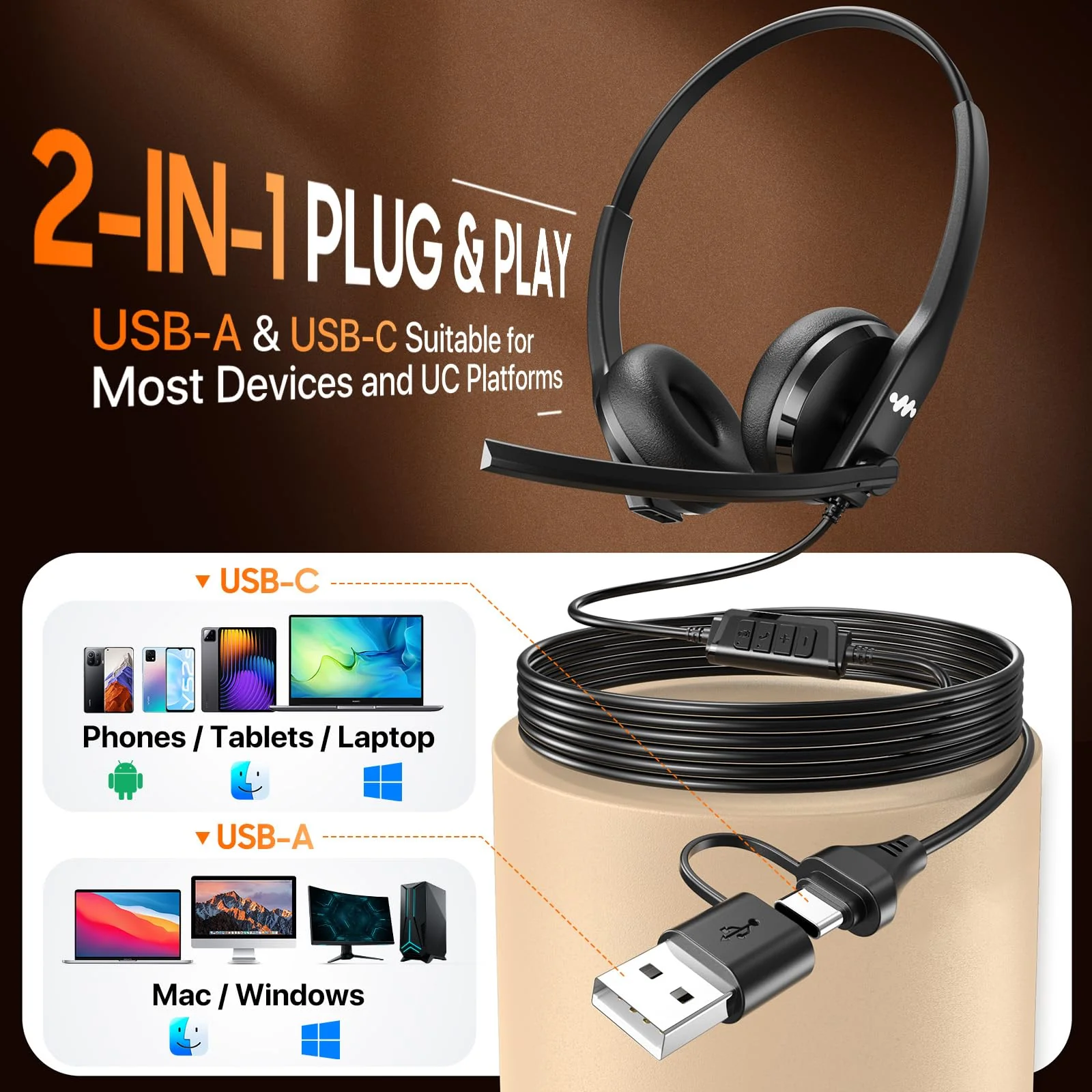 USB Headset with Microphone for PC，Wired Computer Laptop Headset with Noise Cancelling Microphone, Work Headphones with Mic for Home Office Teams Zoom (USB-A&C)-Black Black - Image 3