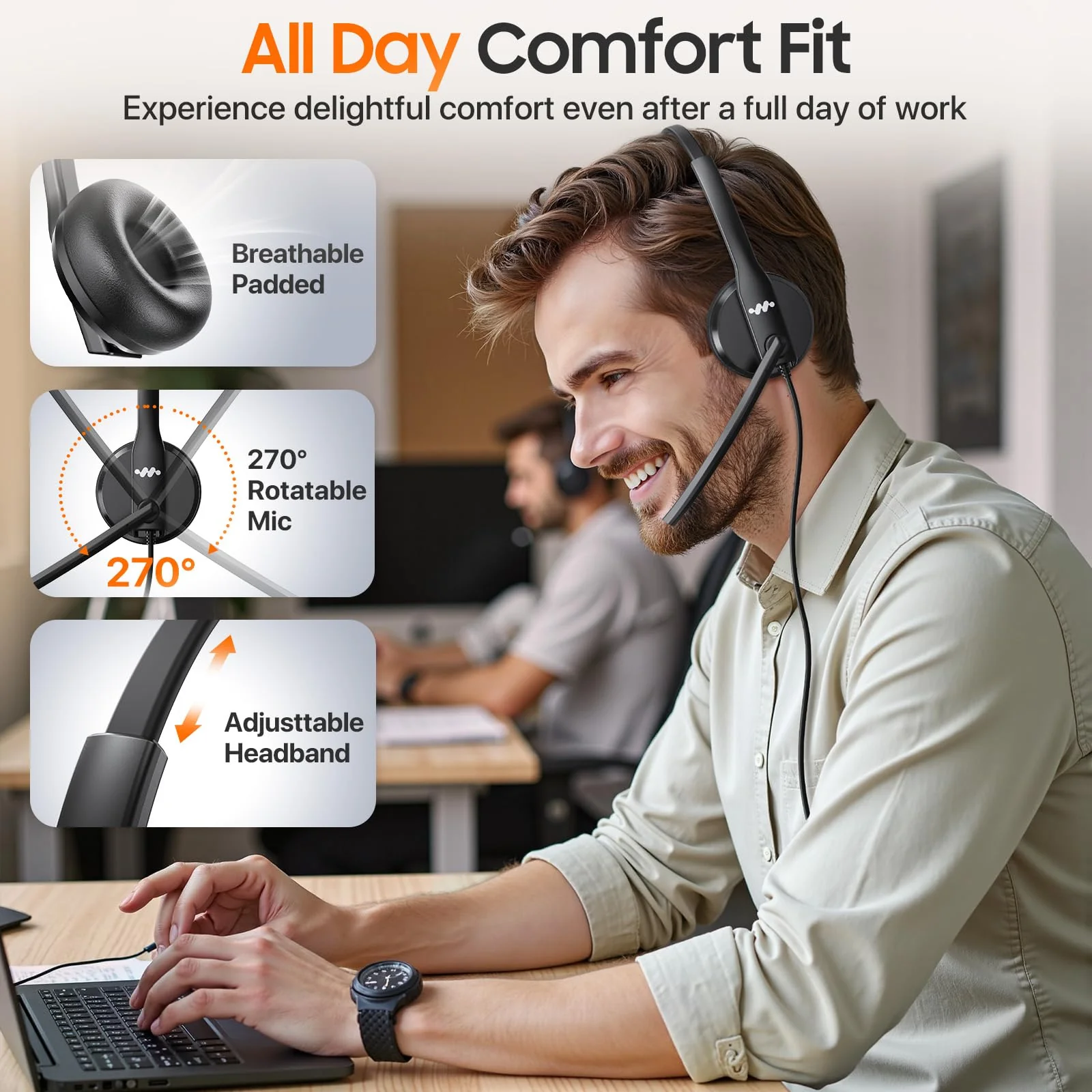 USB Headset with Microphone for PC，Wired Computer Laptop Headset with Noise Cancelling Microphone, Work Headphones with Mic for Home Office Teams Zoom (USB-A&C)-Black Black - Image 7