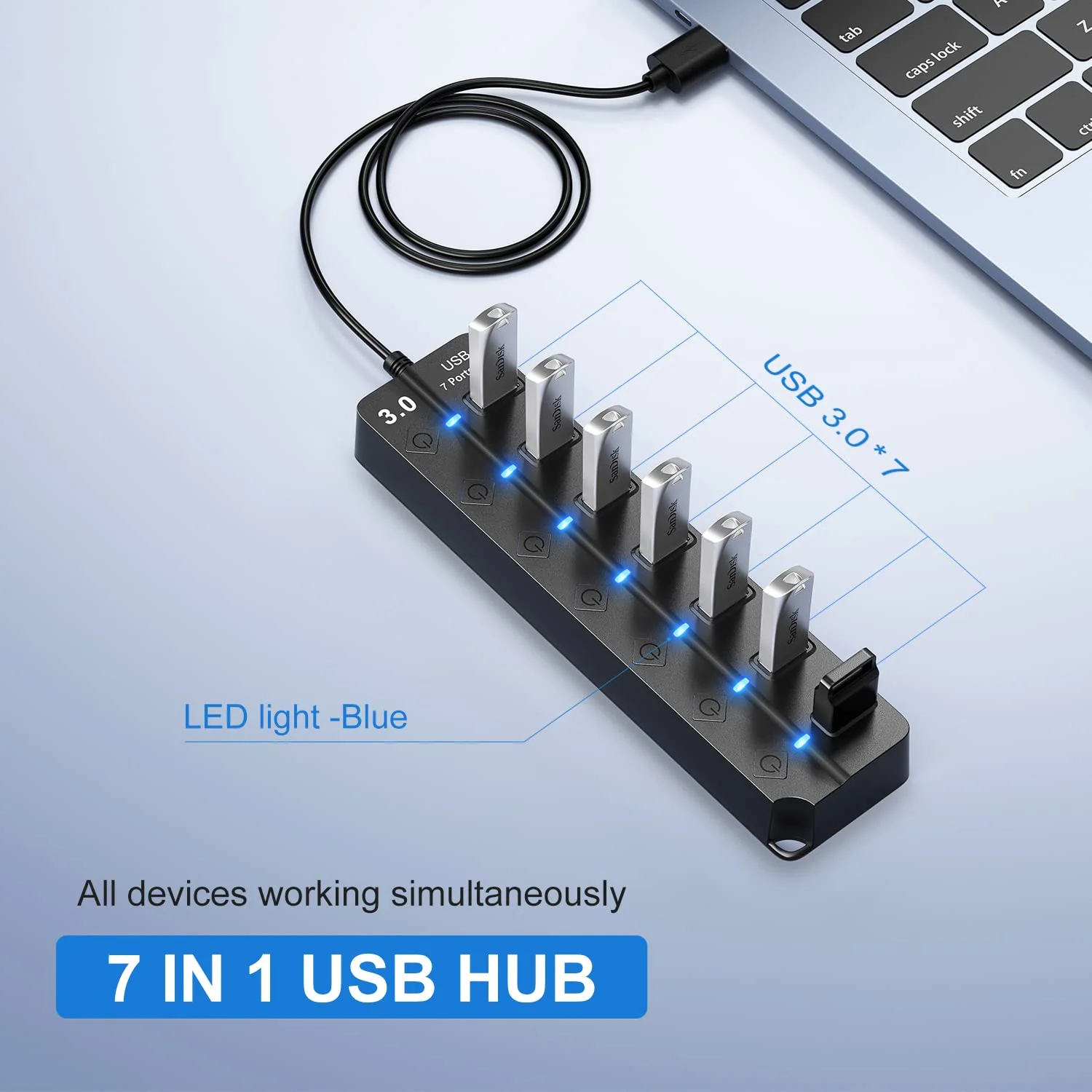 USB Hub 3.0, 7-Port USB Hub Splitter with Individual On/Off Switches and Lights, 3.2ft/1m Long Cable Compatible with MacBook, Laptop, Surface Pro, PS4, PC, Flash Drive, Mobile HDD Black - Image 2