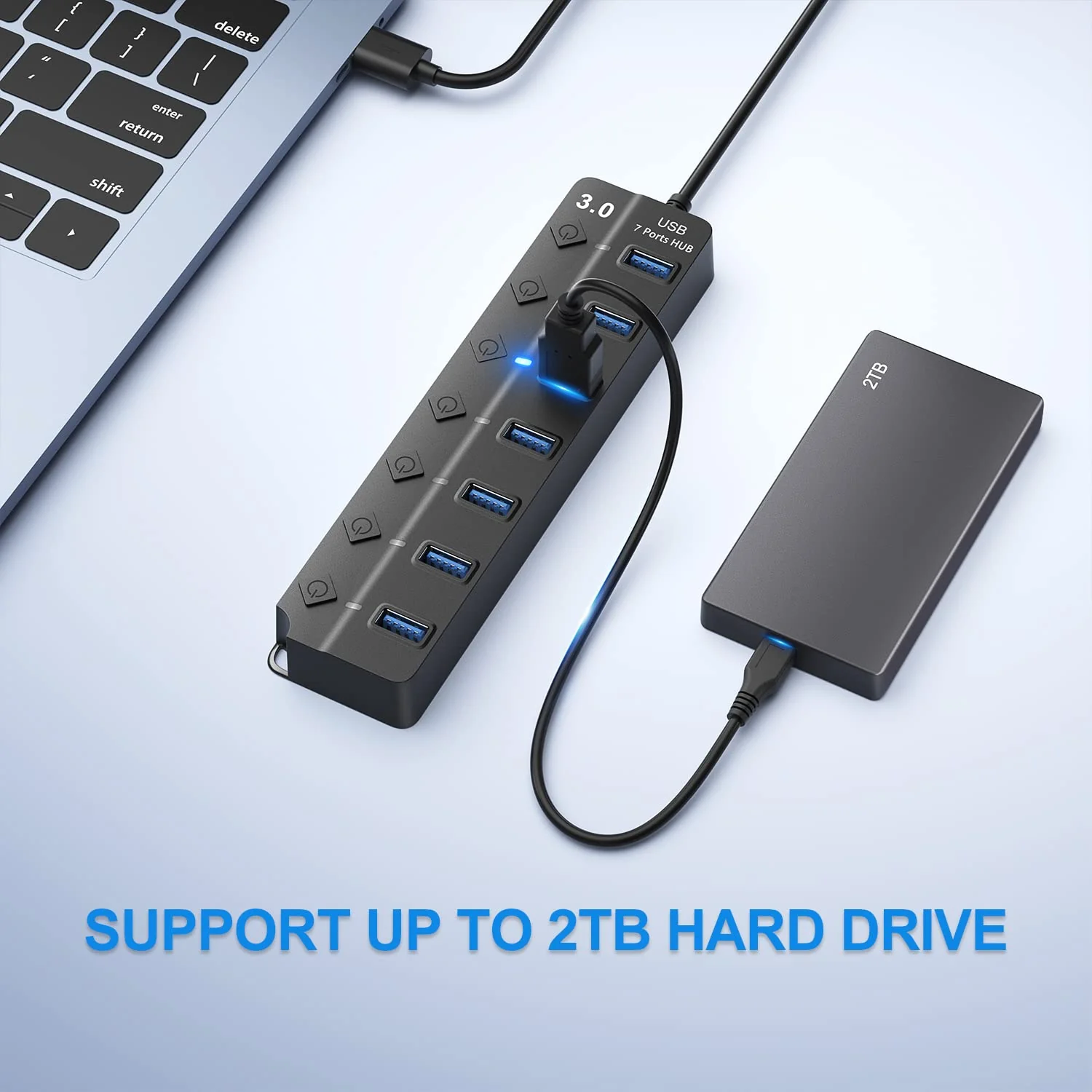 USB Hub 3.0, 7-Port USB Hub Splitter with Individual On/Off Switches and Lights, 3.2ft/1m Long Cable Compatible with MacBook, Laptop, Surface Pro, PS4, PC, Flash Drive, Mobile HDD Black - Image 4