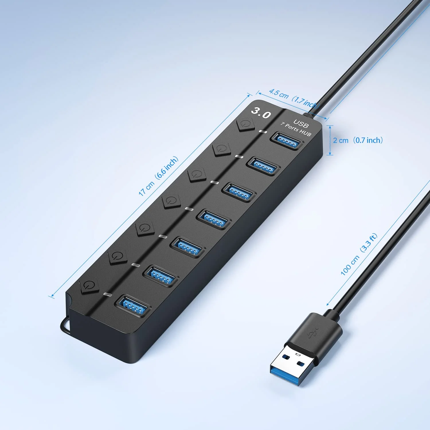 USB Hub 3.0, 7-Port USB Hub Splitter with Individual On/Off Switches and Lights, 3.2ft/1m Long Cable Compatible with MacBook, Laptop, Surface Pro, PS4, PC, Flash Drive, Mobile HDD Black - Image 7