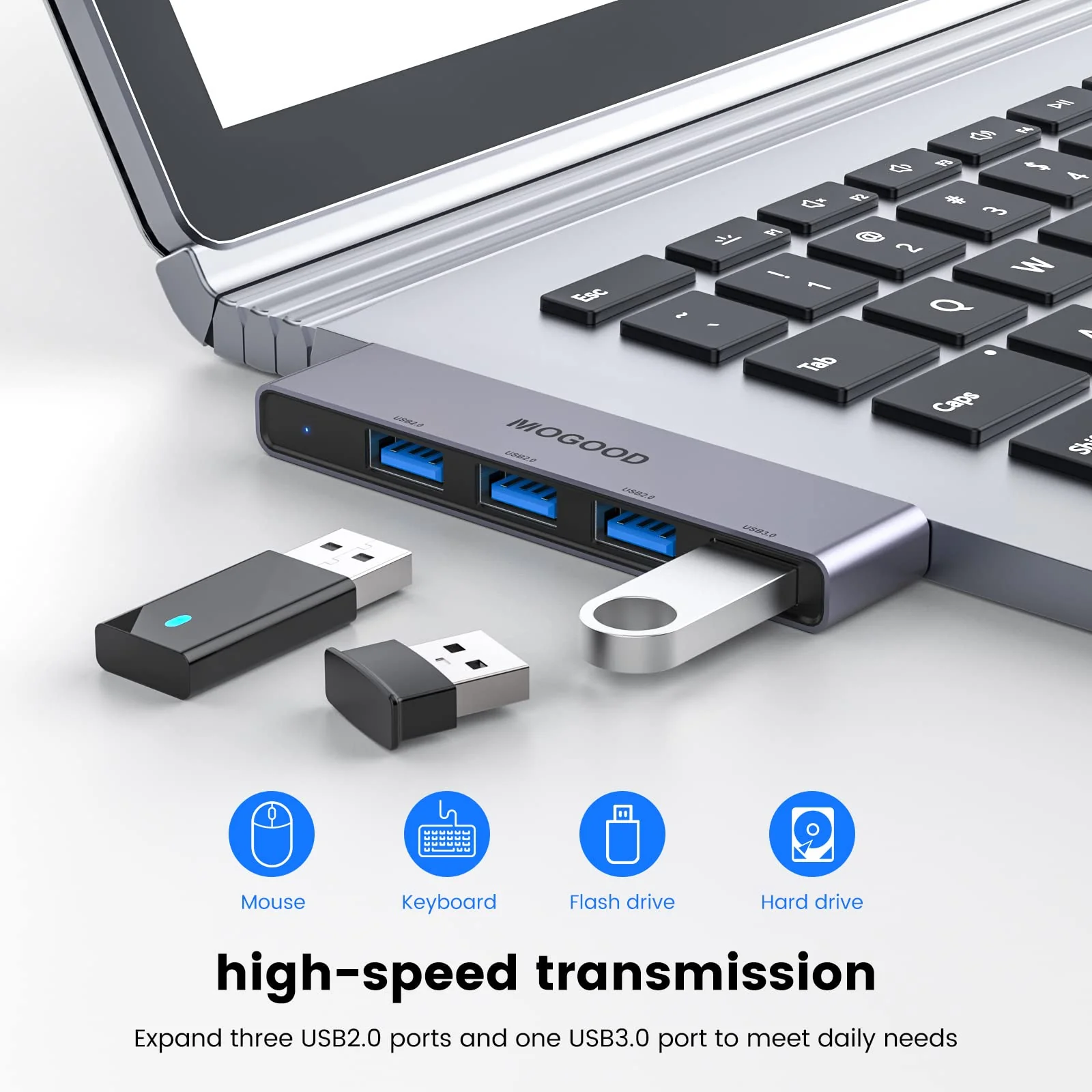 USB Hub for Laptop,MOGOOD USB Hub USB Splitter Ultra-Slim Data USB Hub [Charging Not Supported] Multi USB Port Expander USB Adapter Station for Laptop,Windows PC,Mac,Printer,Flash Drive,Mobile HDD Grey-Left - Image 4