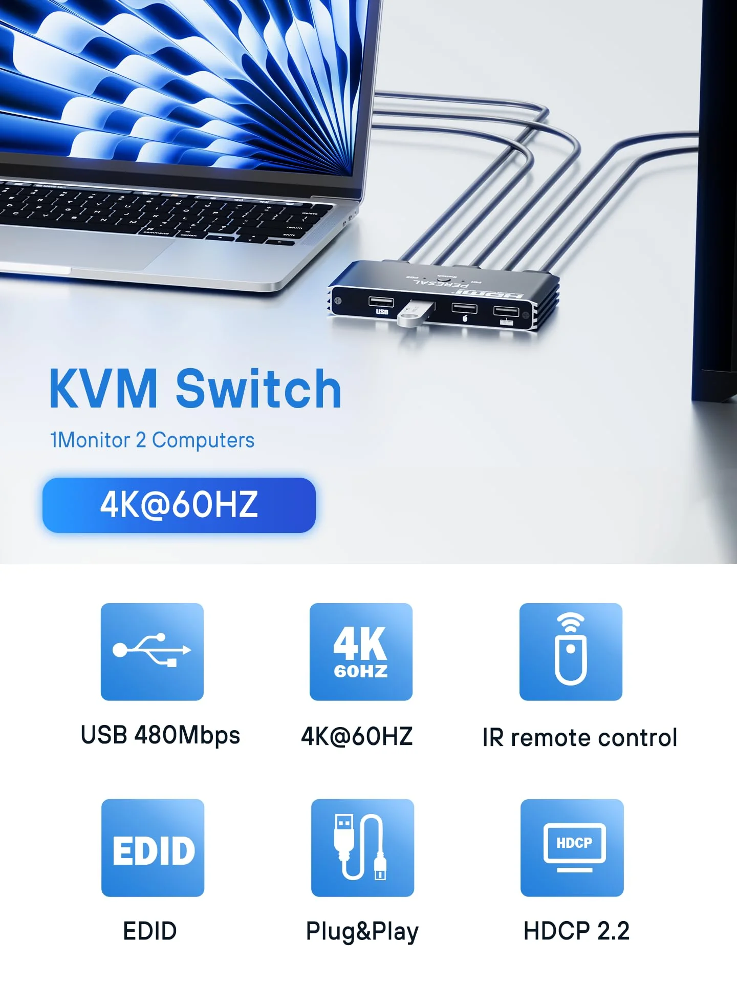 USB KVM Switch, KVM Switch 1 Monitors 2 Computers, HDMI Switch, 4K@60Hz KVM Switches for 2 Computers Sharing 1 Monitor, 4 USB Devices Such as Keyboard, Mouse, Printer, Scanner Black - Image 3