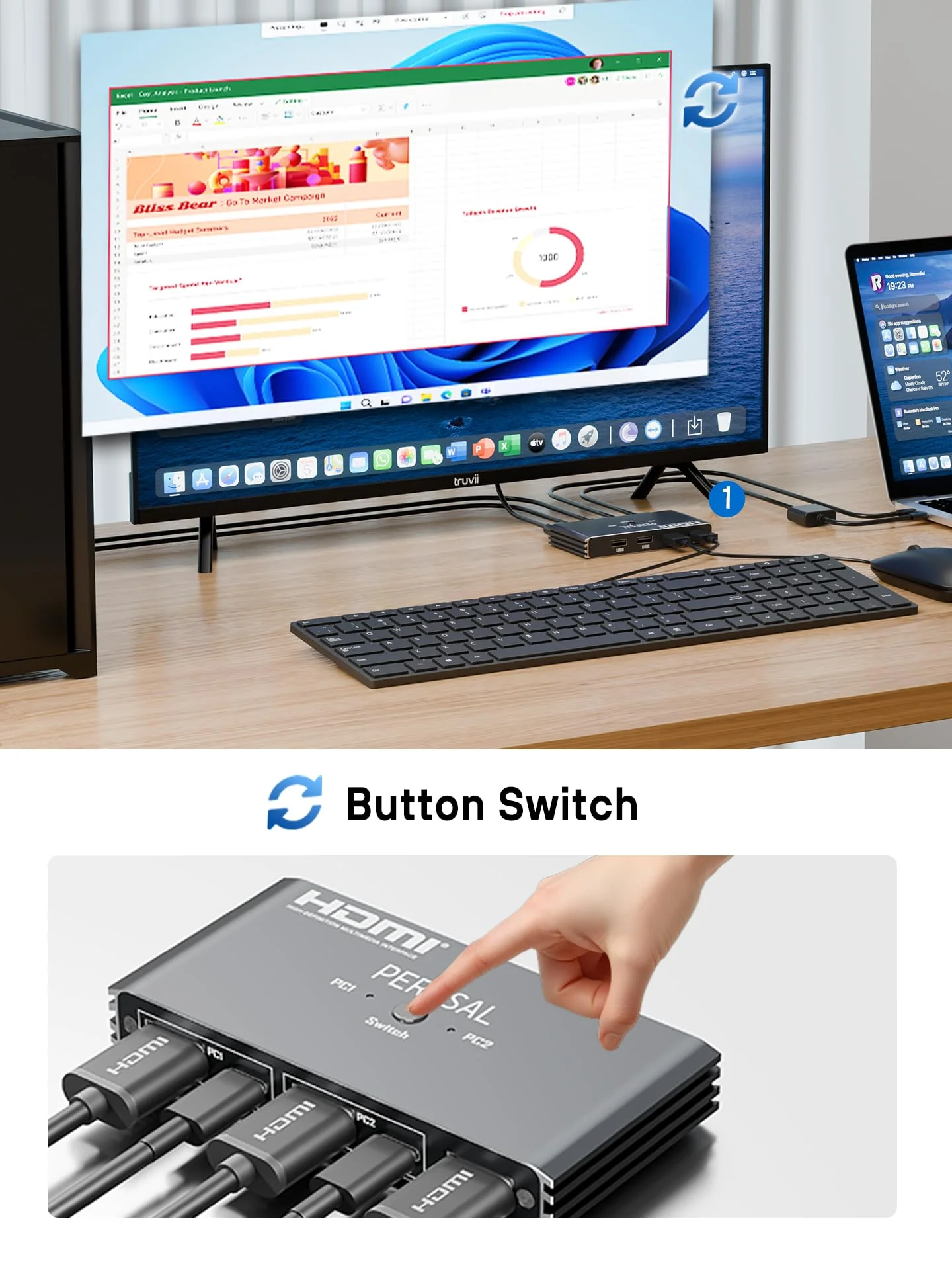 USB KVM Switch, KVM Switch 1 Monitors 2 Computers, HDMI Switch, 4K@60Hz KVM Switches for 2 Computers Sharing 1 Monitor, 4 USB Devices Such as Keyboard, Mouse, Printer, Scanner Black - Image 8