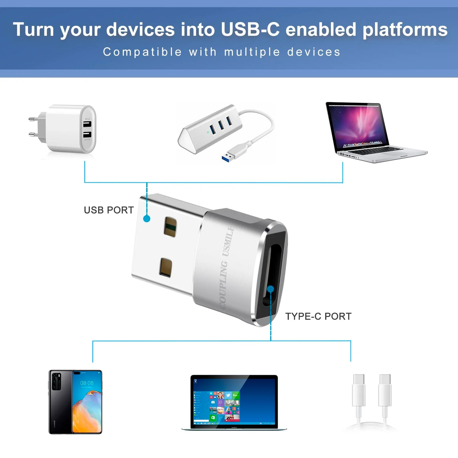 USB Male to USB C Adapter 4 Packs,USB to Type C Super Fast Charging/Transfer and OTG Function. Compatible with iPhone15 14 13 Plus Pro Max,iPad Pro Air 4 Mini 6 Almost USB Devices 4 pack silver - Image 3