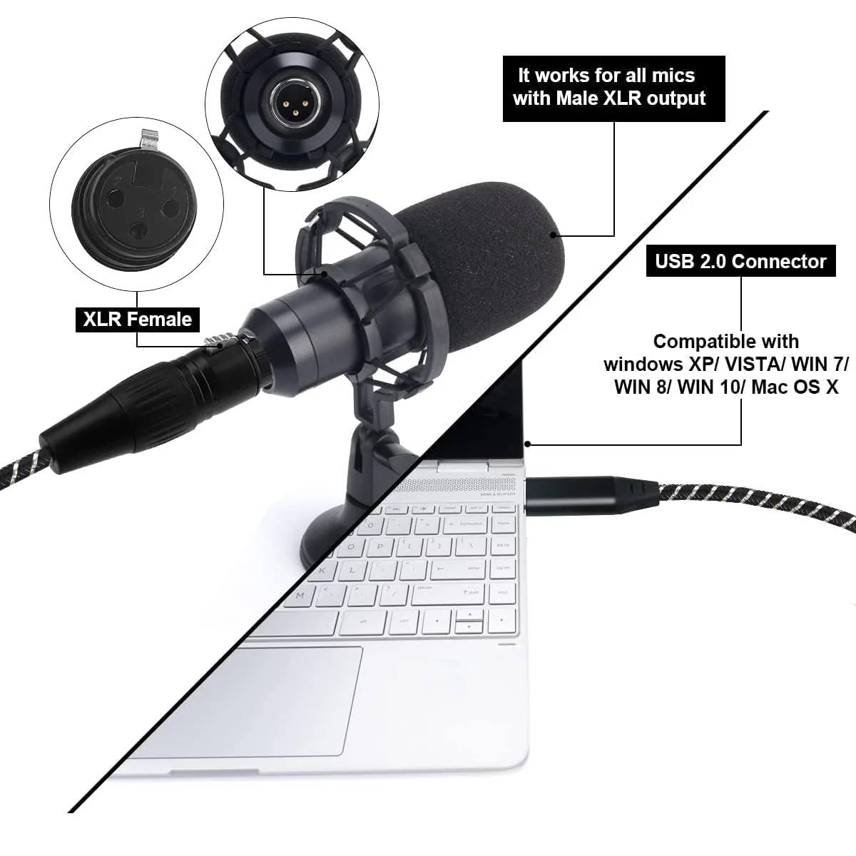 USB Microphone Cable, 10FT XLR to USB Cable,XLR Female to USB A Mic Link Converter Cable for Microphones or Recording Karaoke Sing 10Feet Silver - Image 2
