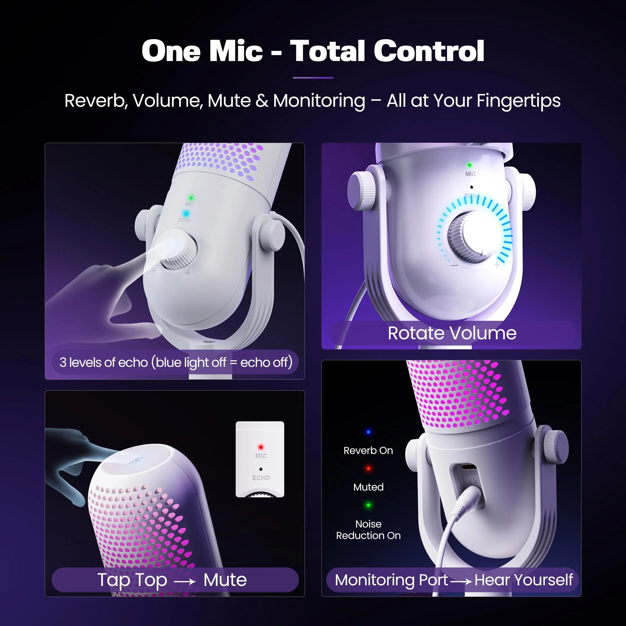 USB Microphone for PC Gaming: Condenser Microphone RGB for Gamer with Stand Mic - Recording Mic for Computer&Laptop with Qiuck Mute - Desk Podcast Mic for Podcast & Singing & Streaming & Youtube White - Image 4
