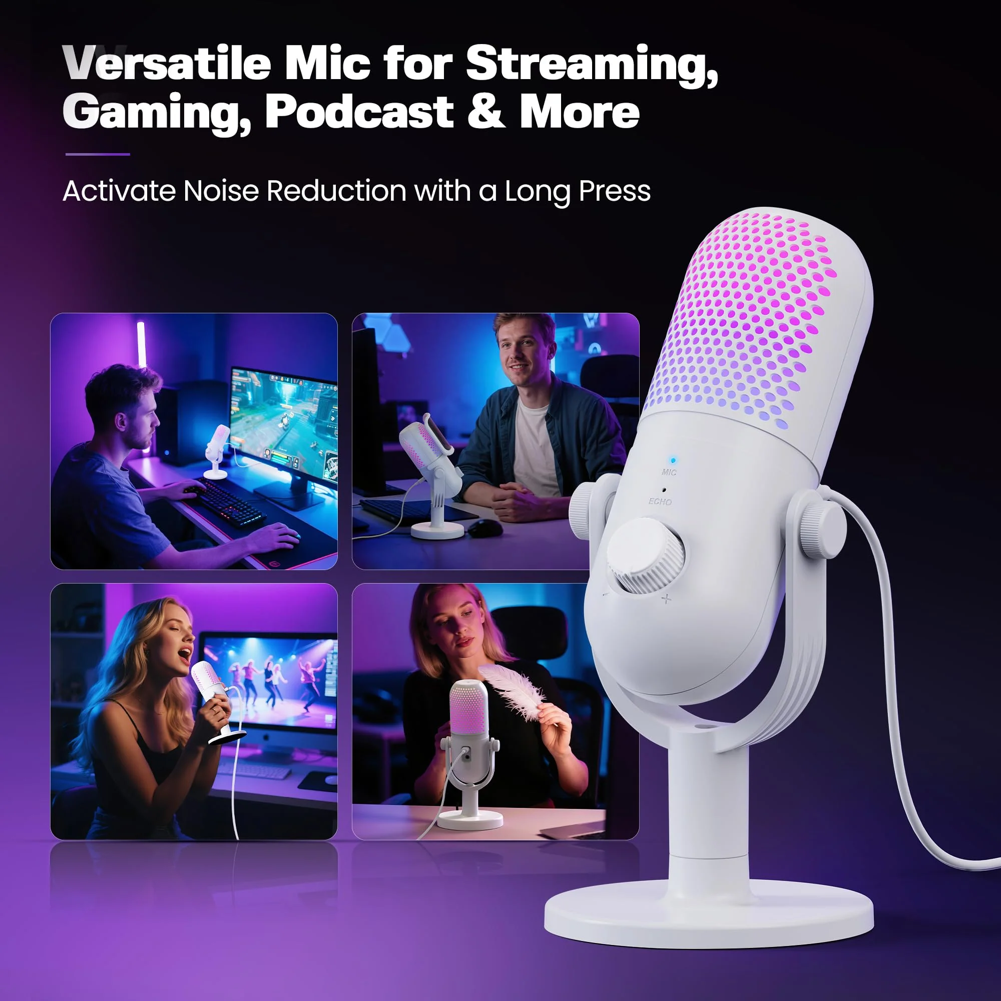 USB Microphone for PC Gaming: Condenser Microphone RGB for Gamer with Stand Mic - Recording Mic for Computer&Laptop with Qiuck Mute - Desk Podcast Mic for Podcast & Singing & Streaming & Youtube White - Image 7