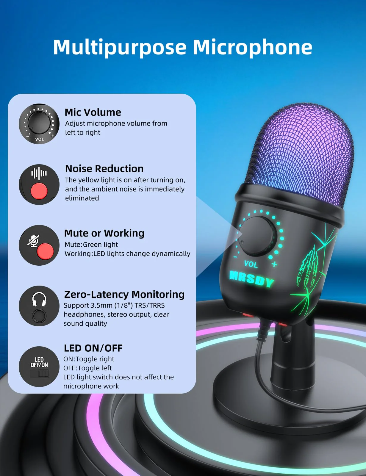 USB Microphone, Plug and Play Gaming Mic for PC, Mac, PS4/5, Podcast Microphone with RGB, Mute, Monitor, Noise Reduction, Volume Gain, Great for Recording, Streaming V5 Mic - Image 2