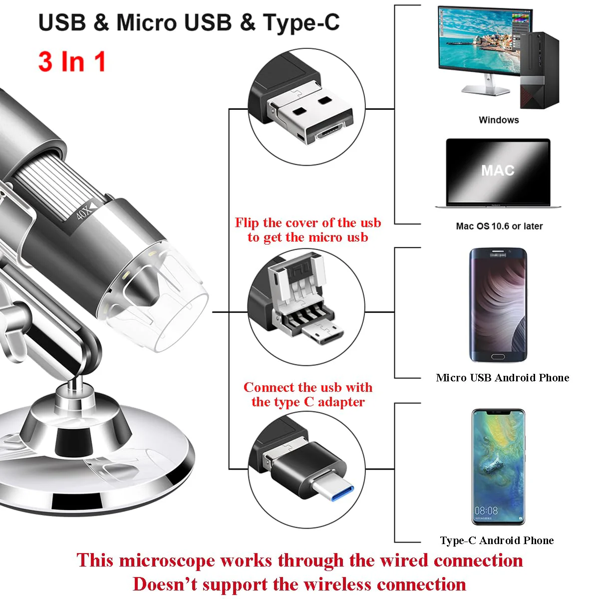 USB Microscope Camera with Stand & Carrying Case, Cainda Digital Microscope Compatible with Android Windows Linux Mac, Portable Magnifier Camera for Kids Students Adults(Not for iPhone/iPad) Gray - Image 2