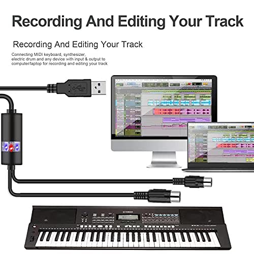 USB MIDI Cable-Upgrade Professional MIDI to USB in-Out Cable Adapter Converter Connect Piano Keyboard to PC/Laptop for Editing&Recording 2M(6.5FT) (Black) Black - Image 3