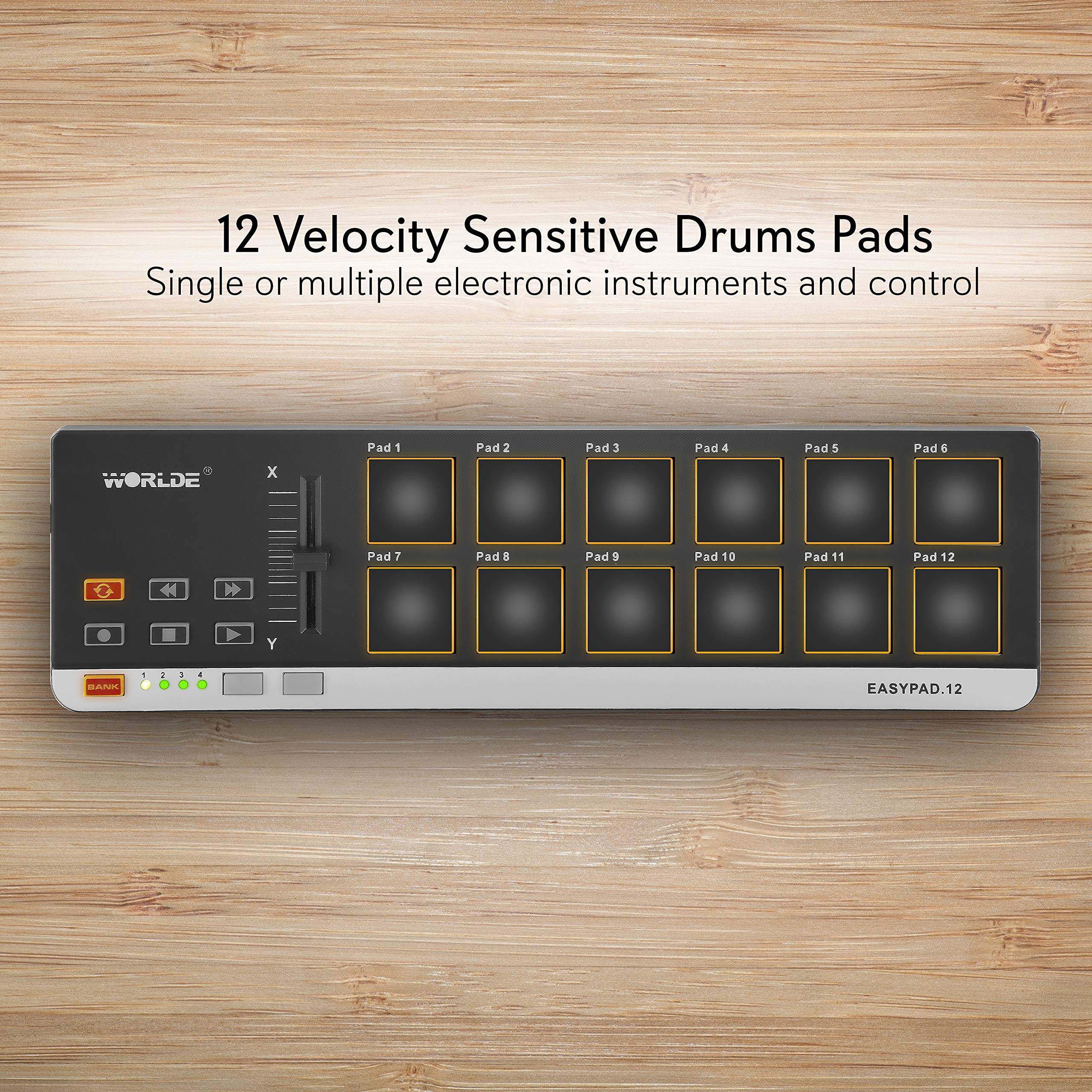 USB MIDI Controller Drum Pad - Mini Portable Beat Maker Workstation Equipment w/ 12 Drum Pads, DJ Fader Slider & Transport Buttons - Control any DAW Software Kit for Laptop Recording - Pyle PMIDIPD20 - Image 2