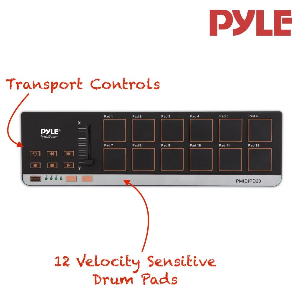 USB MIDI Controller Drum Pad - Upgraded Mini Portable Beat Maker Workstation Equipment w/12 Drum Pads, DJ Fader Slider & Transport Buttons - Control any DAW Software Kit - Pyle PMIDIPD20_0 - Image 2